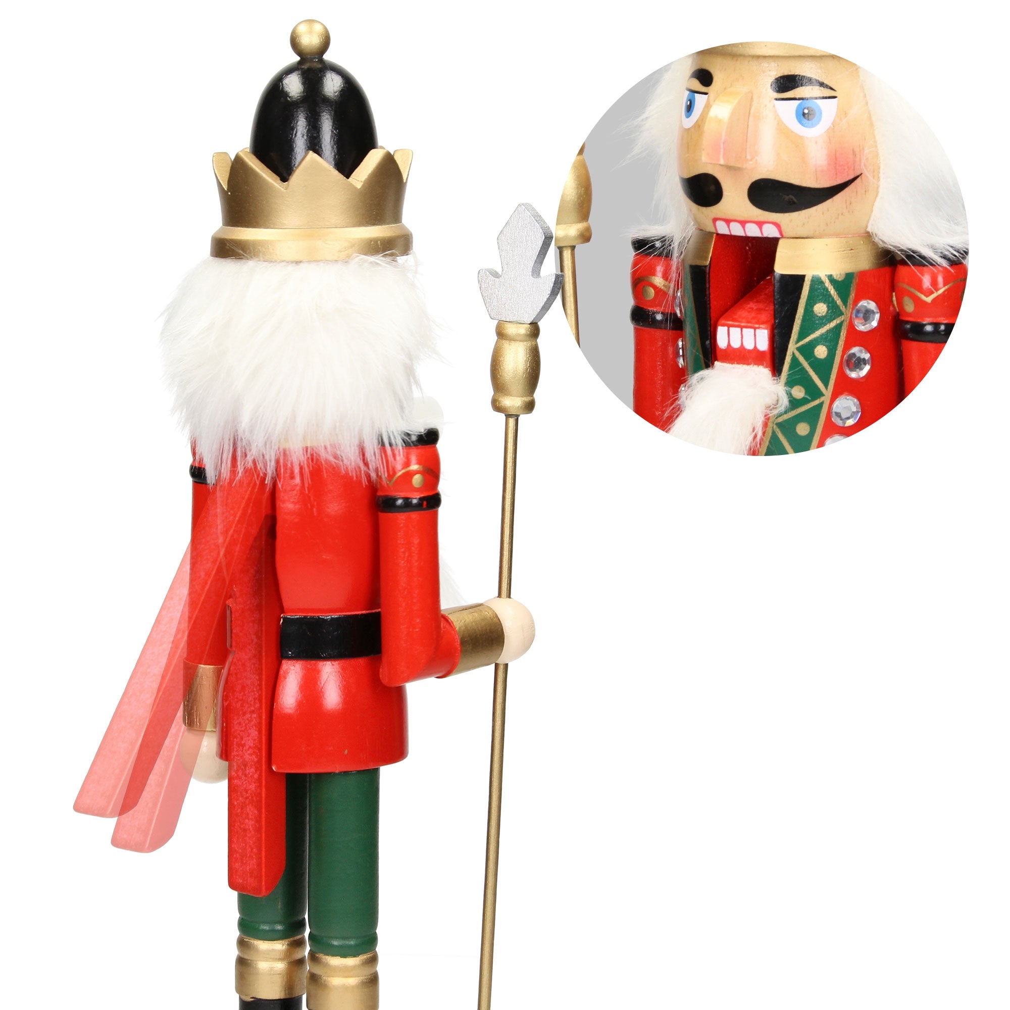 Wooden nutcracker in red uniform with crown and scepter, viewed from behind.