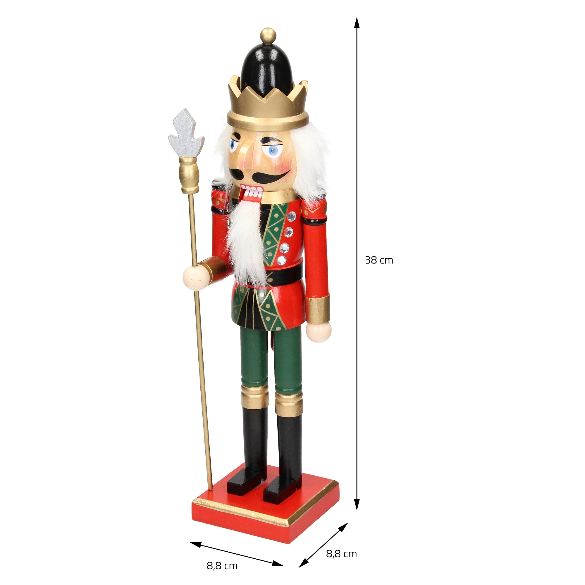 Measurements of a nutcracker, height 38 cm, width 8.8 cm.
