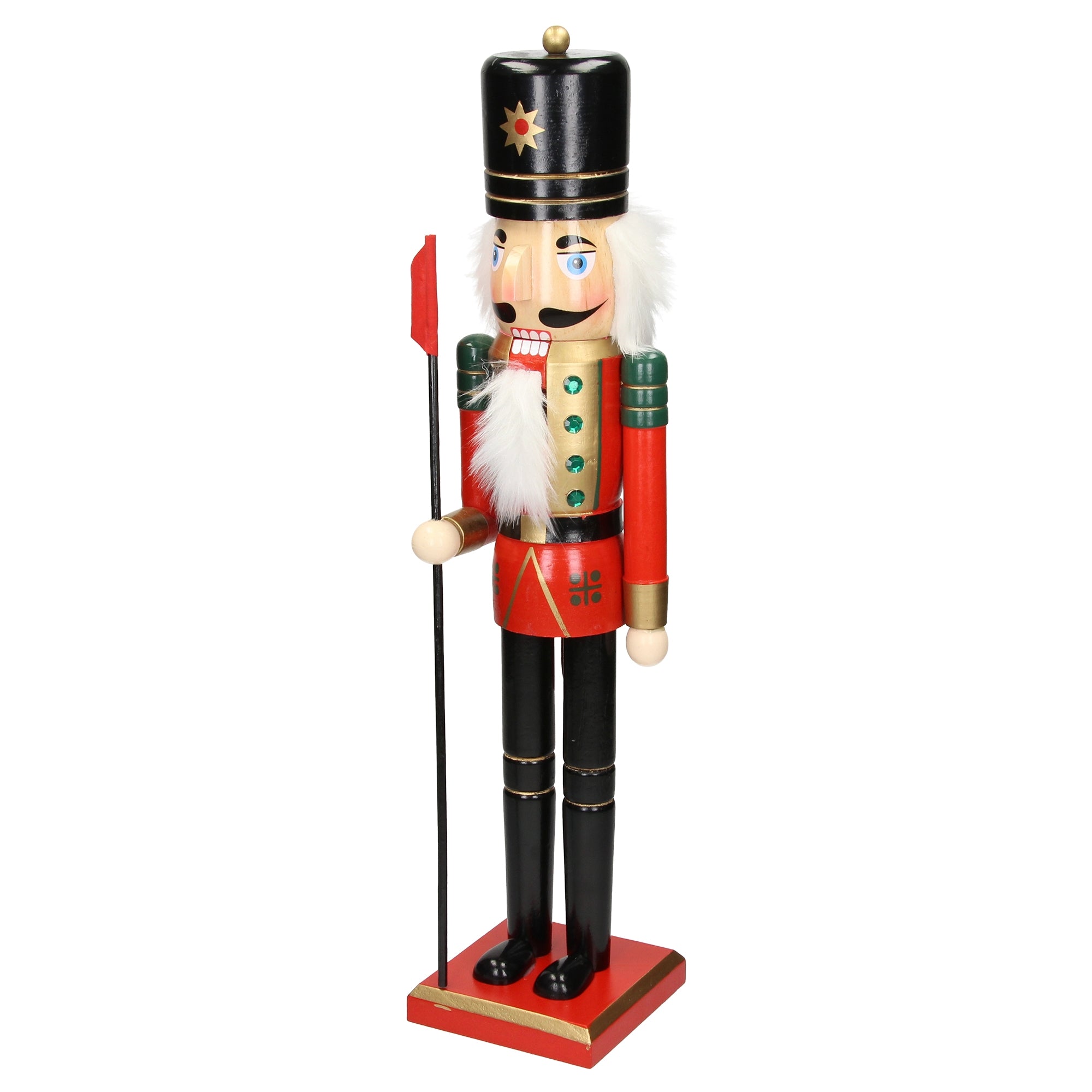 Nutcracker in red uniform with black hat and spear.