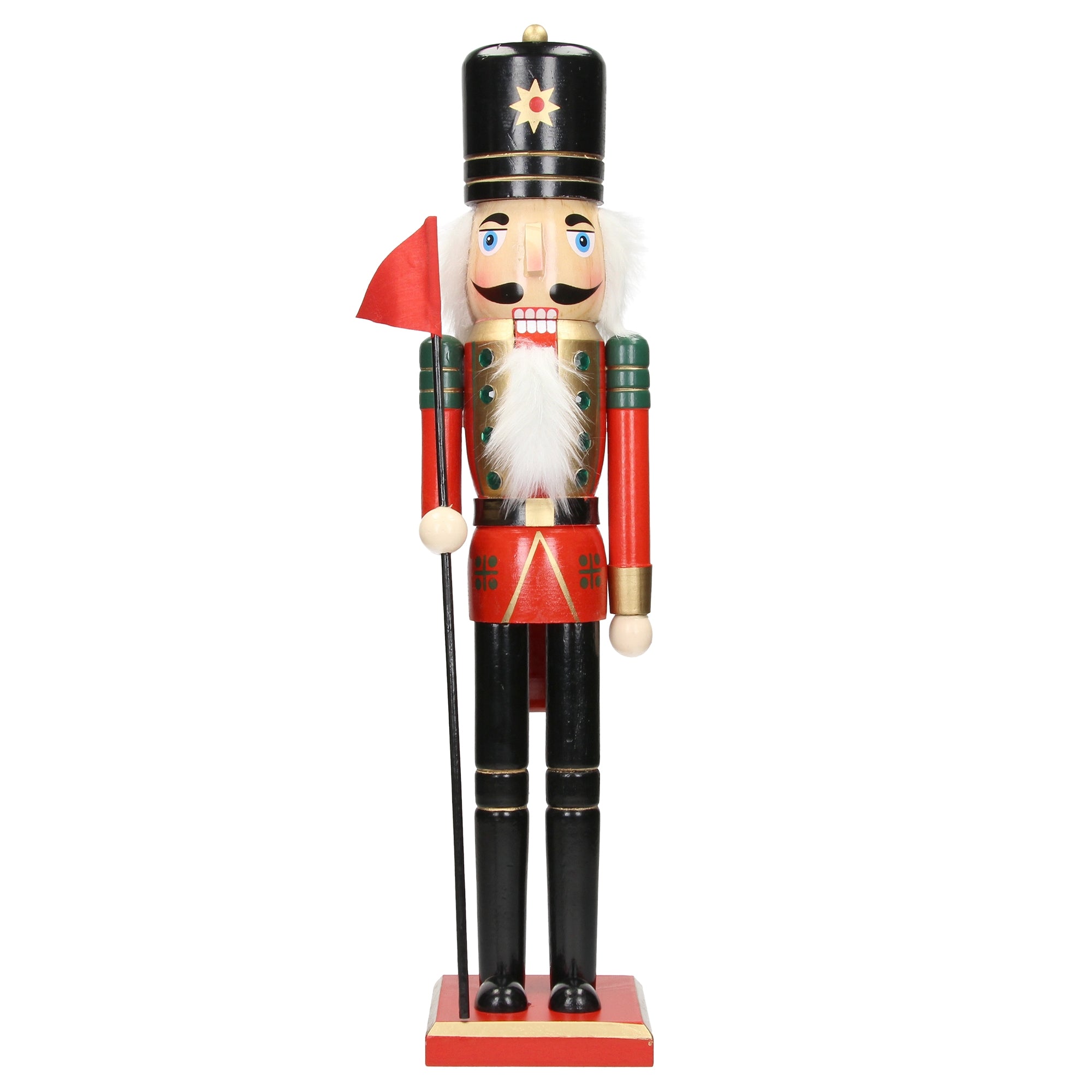 Nutcracker in red and black suit, holding a flag.