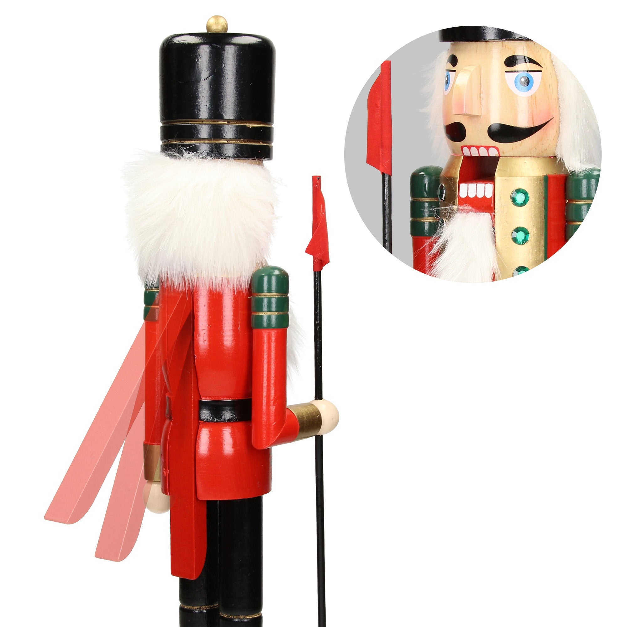 A nutcracker from behind, with a red cape and scepter.