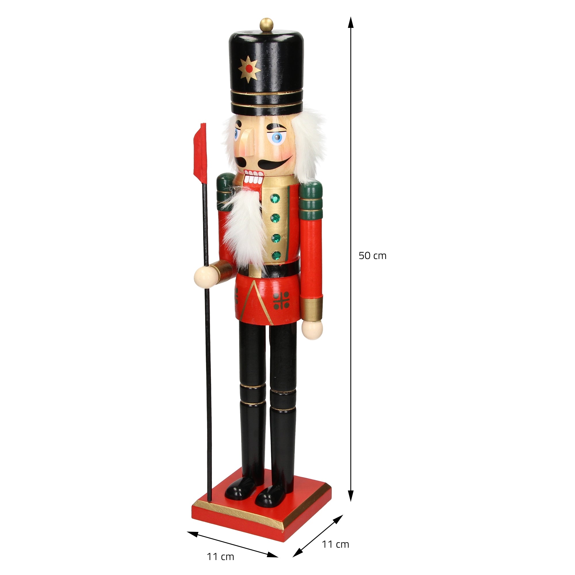 Nutcracker with measurements, standing on a pedestal.