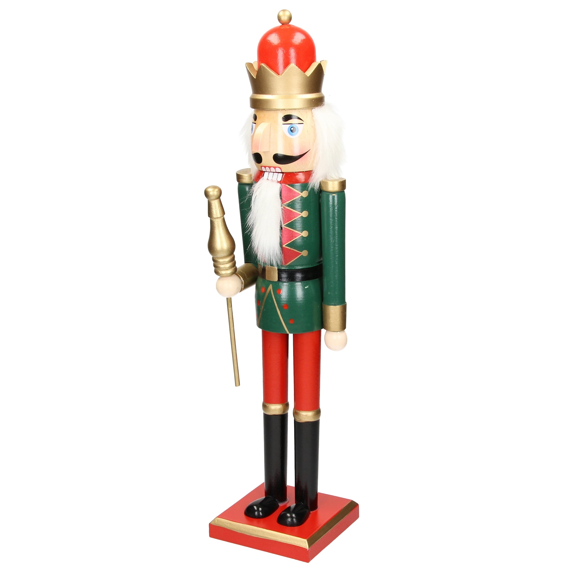 Nussknacker-Figur mit goldener Krone und Zepter auf einem einfarbigen Hintergrund.