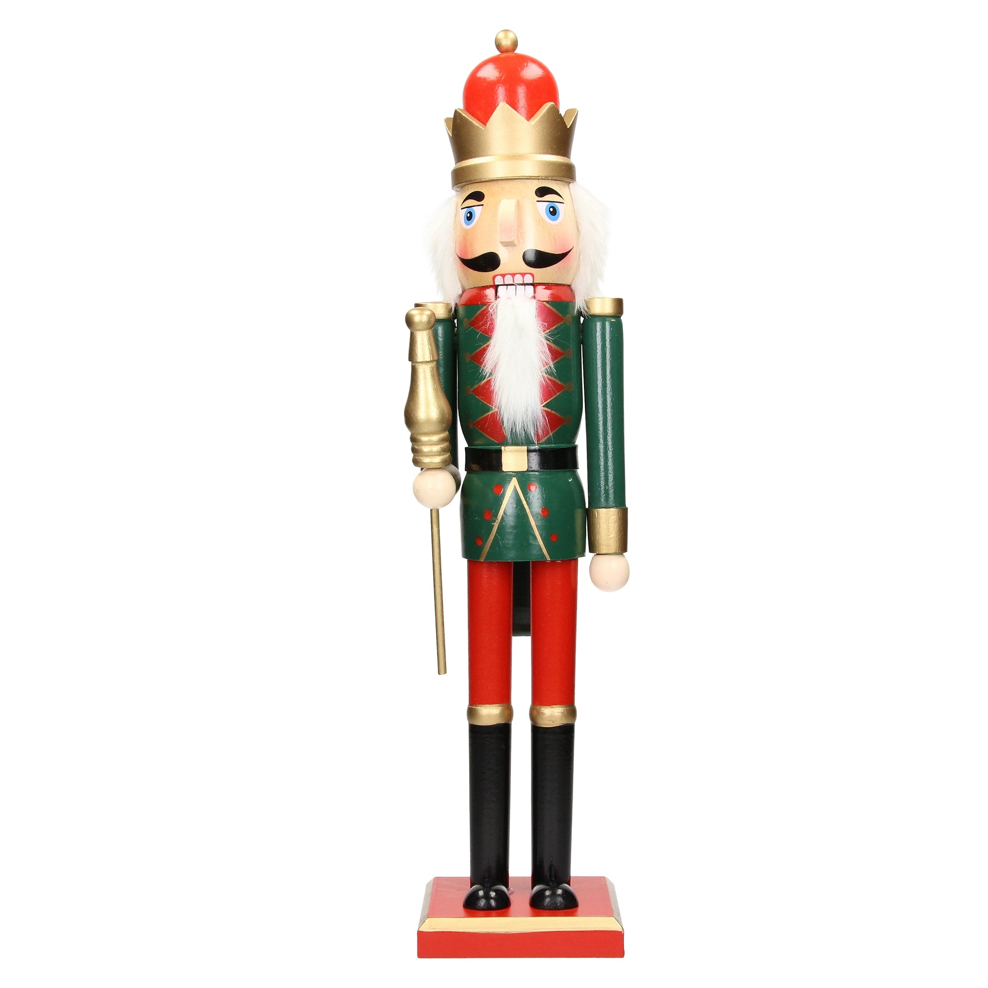 Ein Nussknacker in grüner und roter Uniform mit goldener Krone und Zepter.