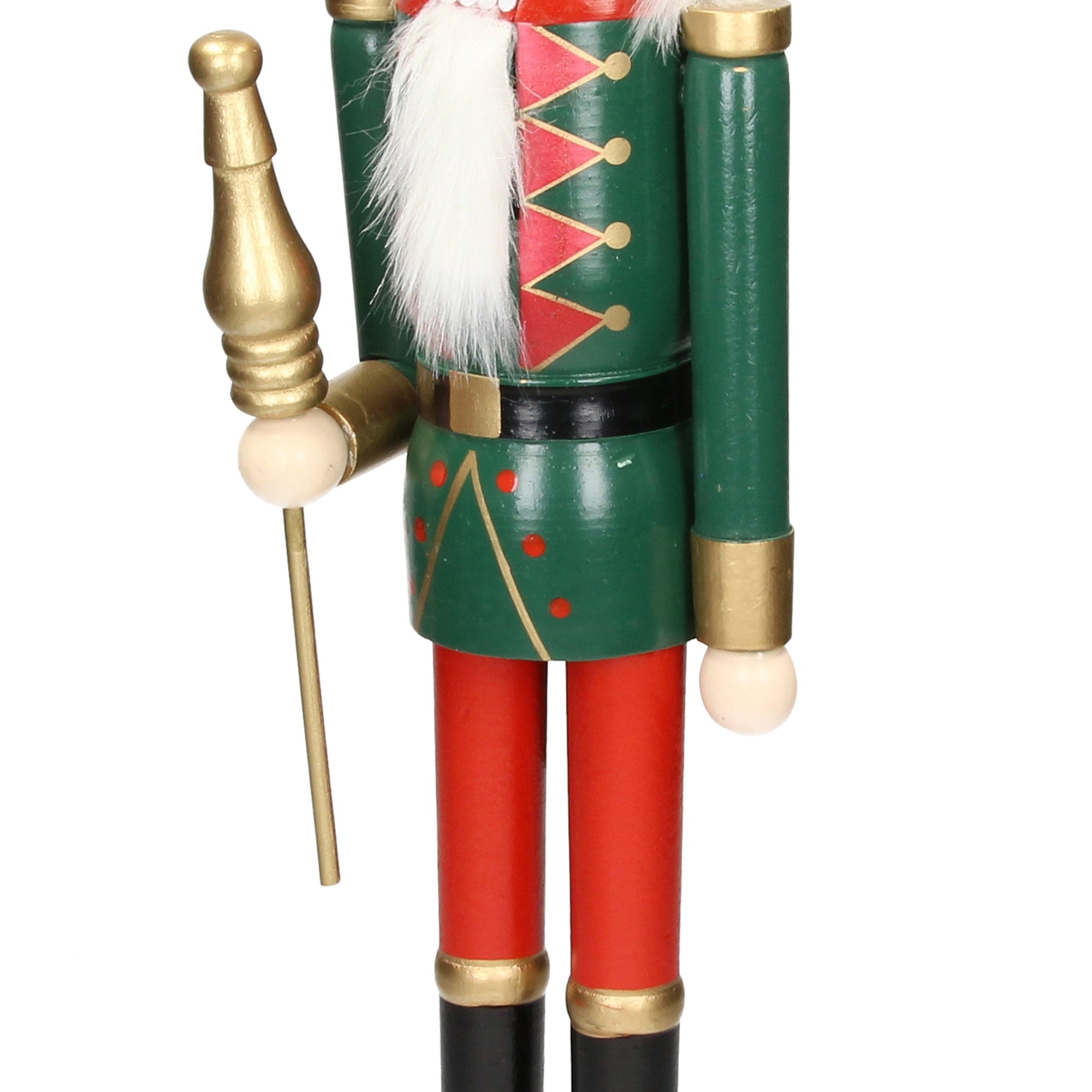 Seitenansicht eines Nussknackers in grüner und roter Uniform.