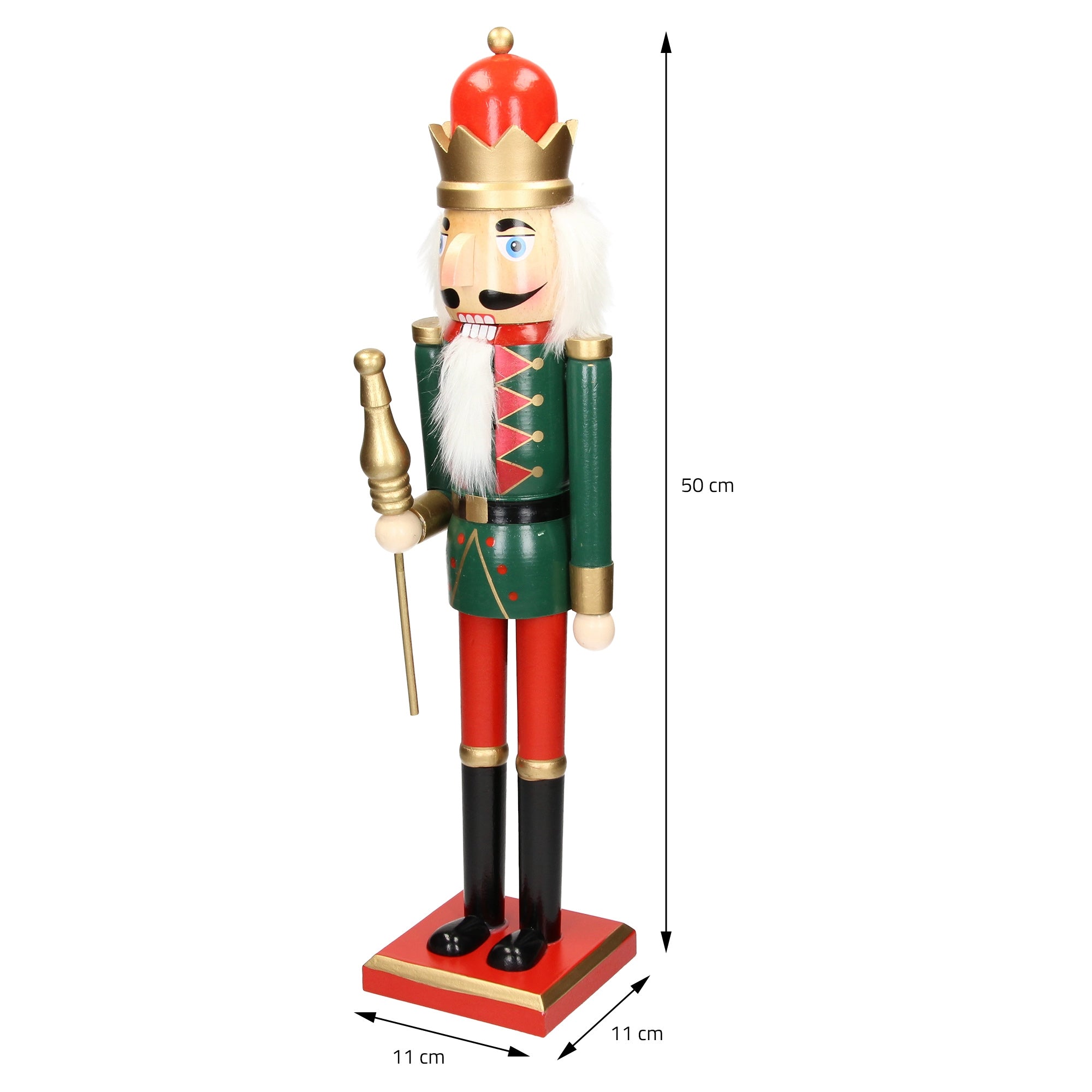 Ein Nussknacker mit Maßangaben, 50 cm hoch und 11 cm breit.