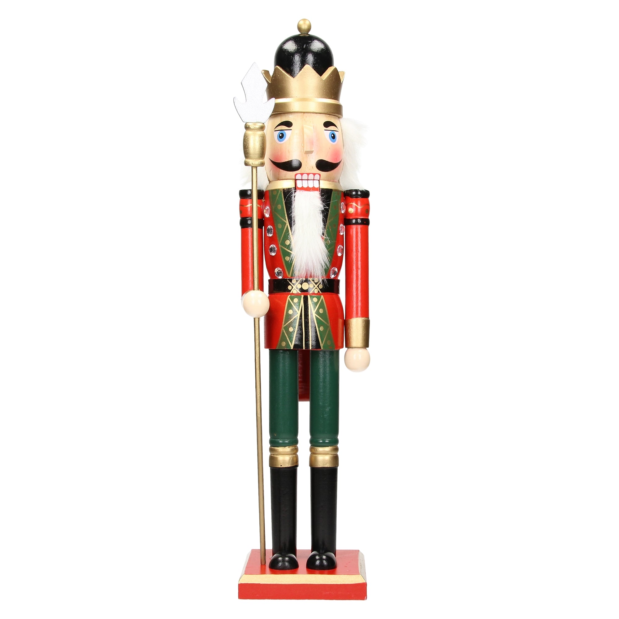 A colorful nutcracker with crown and scepter, standing on a pedestal.