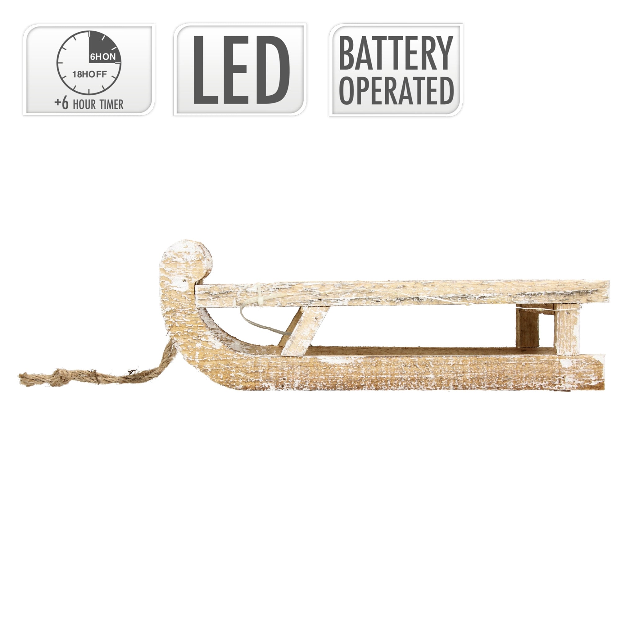 Holzschlitten mit Schnur, LED-Beleuchtung, batteriebetrieben.