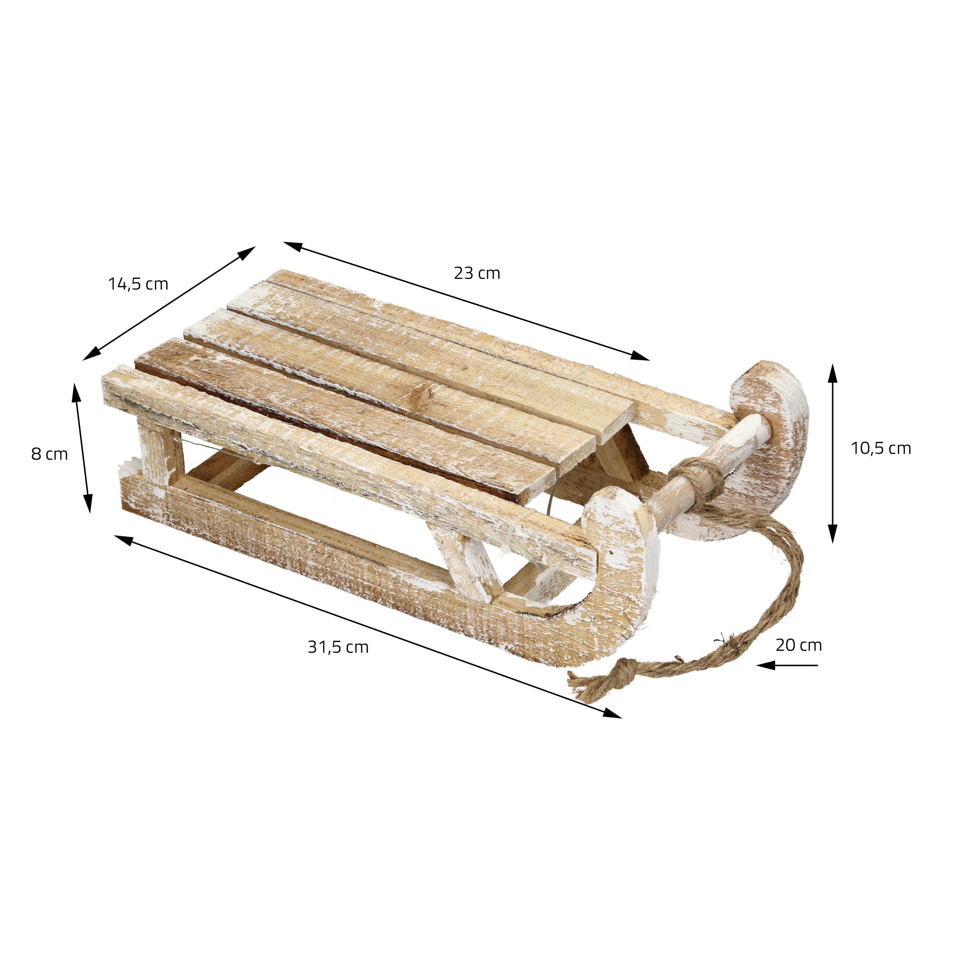 Ein Holzschlitten mit Maßen und einem Seil zum Ziehen auf einem weißen Hintergrund.