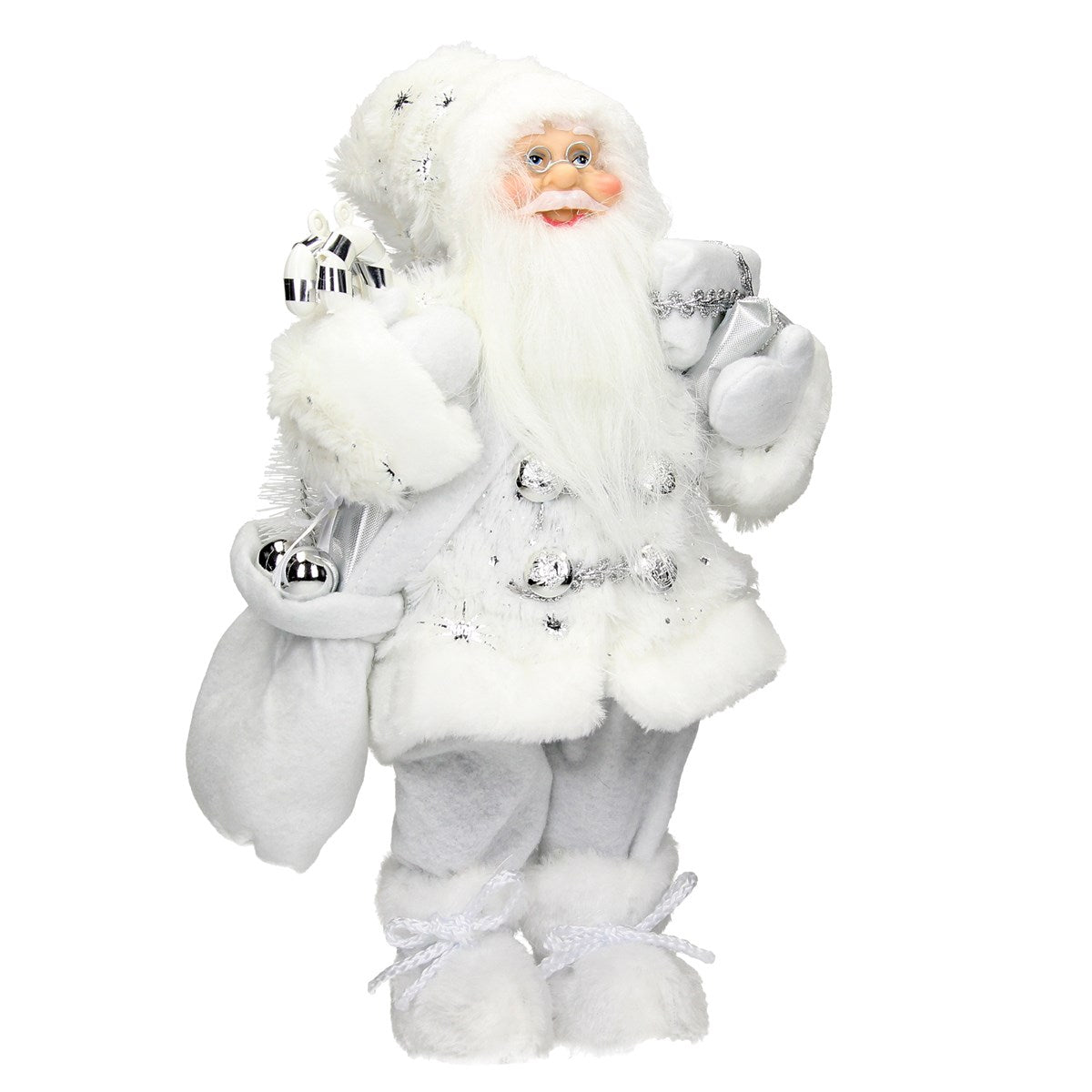 Santa Claus v bílém oblečení s dárky a zvonky.