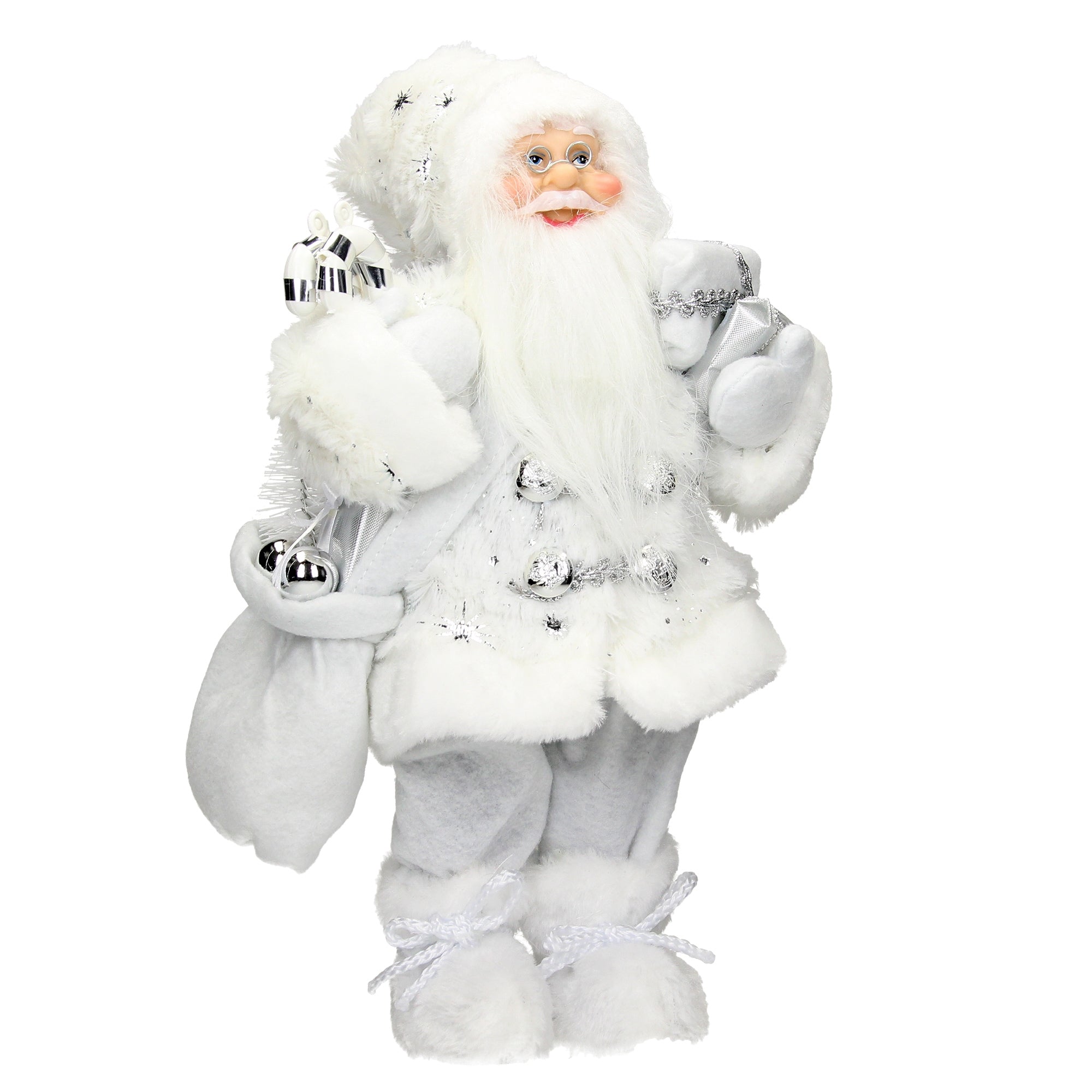 Weihnachtsmann in weißem Outfit mit Geschenken und Glocken.