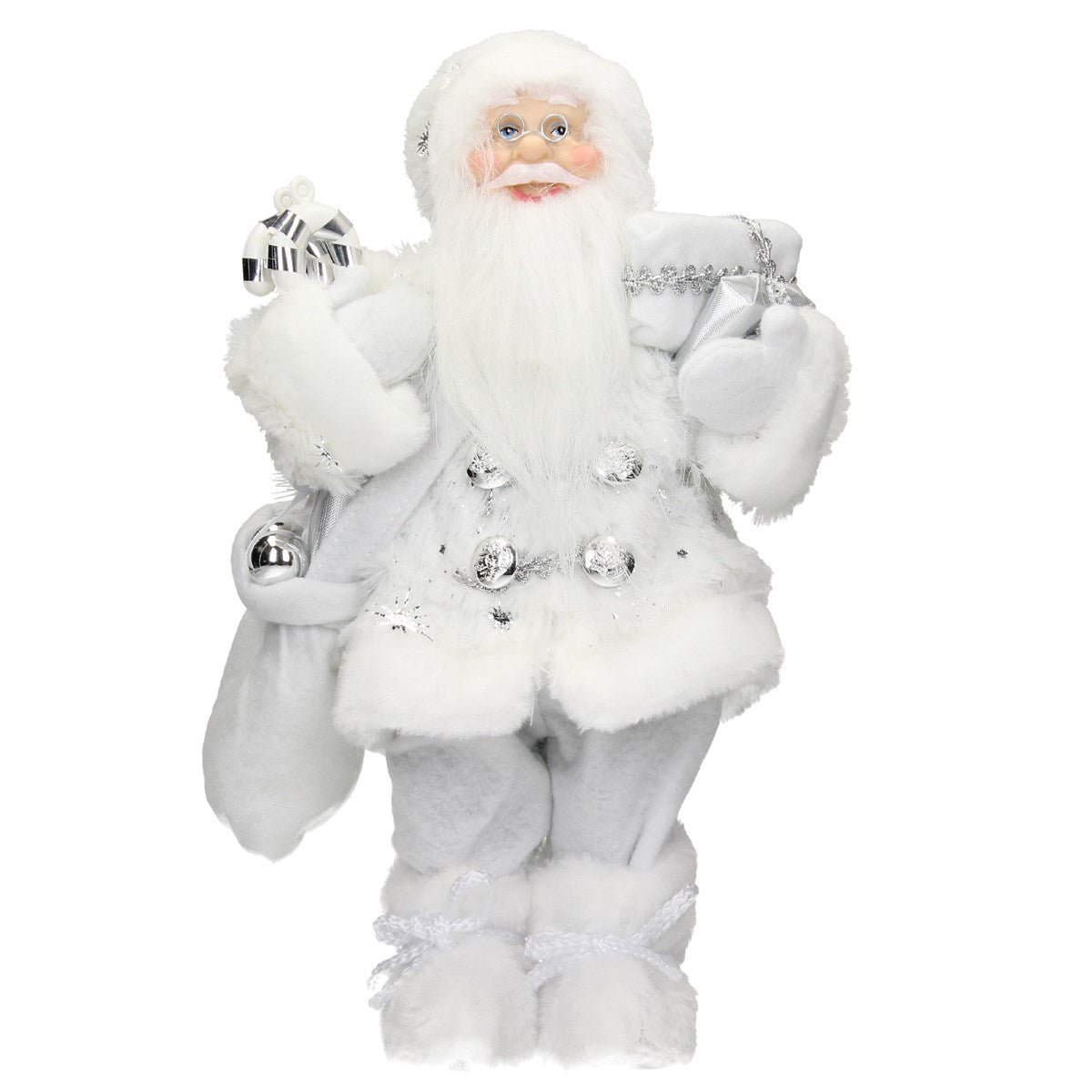 Pai Natal com um fato branco, presentes e um saco.