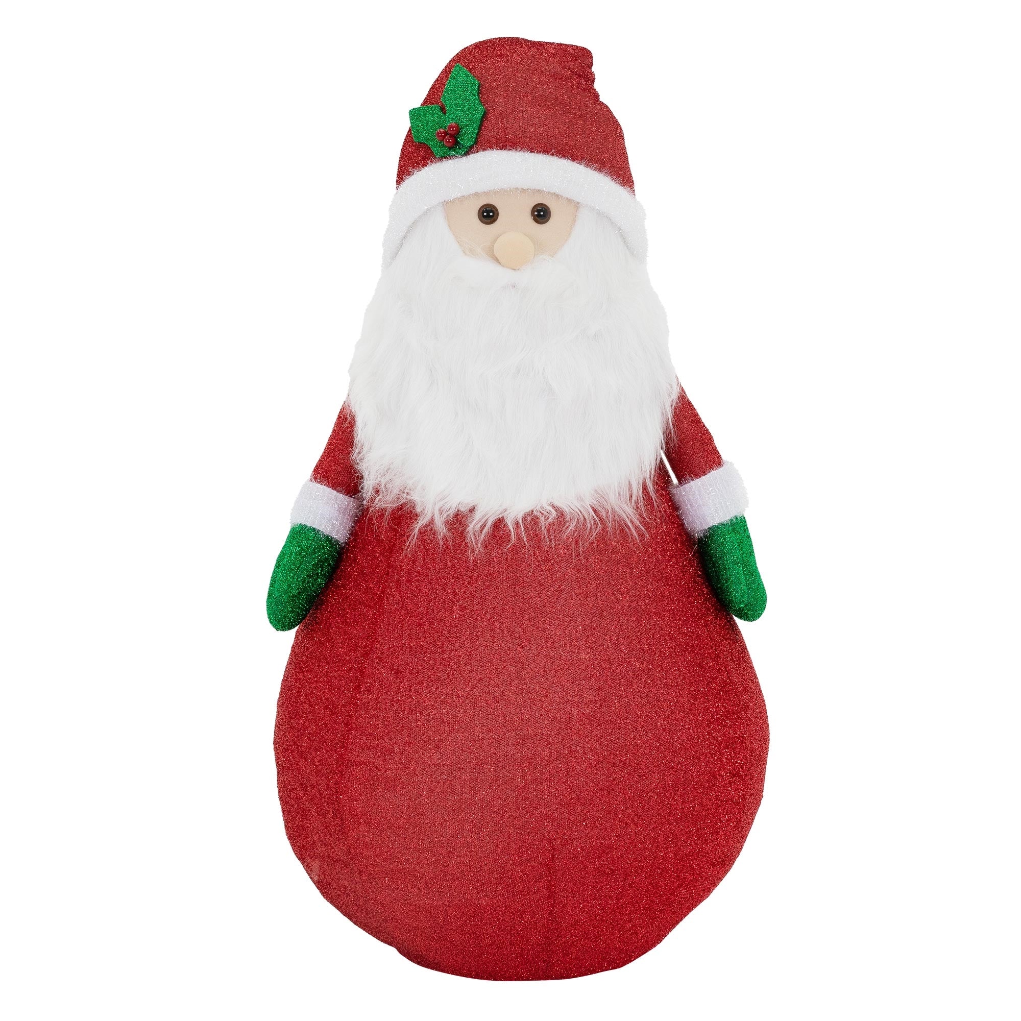 Een kerstman in een rode outfit met groene handschoenen en een witte baard.