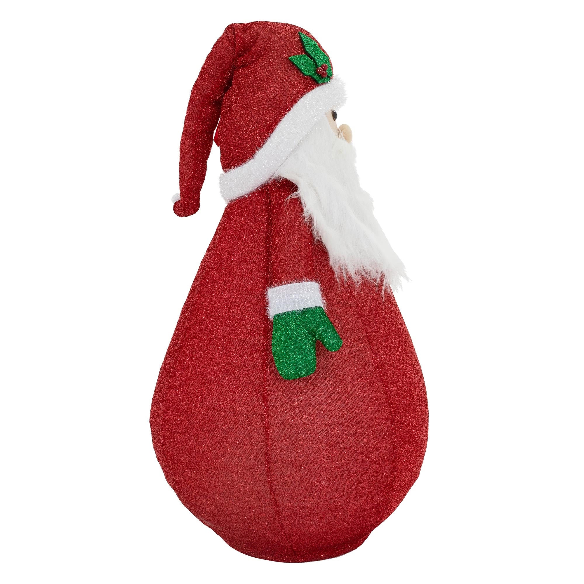 Zijaanzicht van een rode kerstmandecoratie met een groene handschoen.