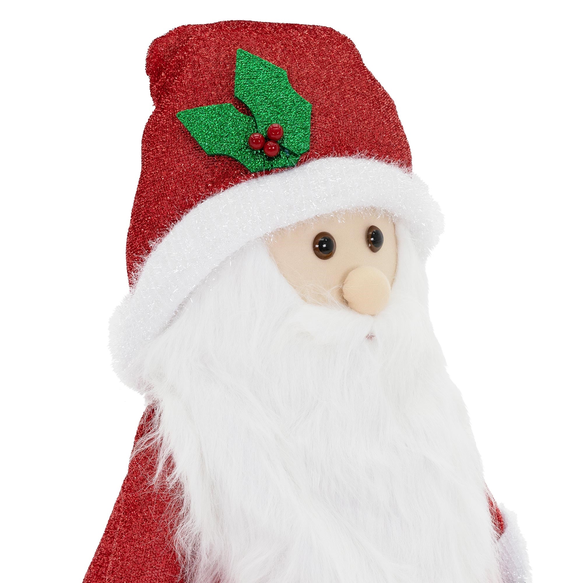 Kerstman met een rode hoed en groene decoratie, witte baard en gezicht.