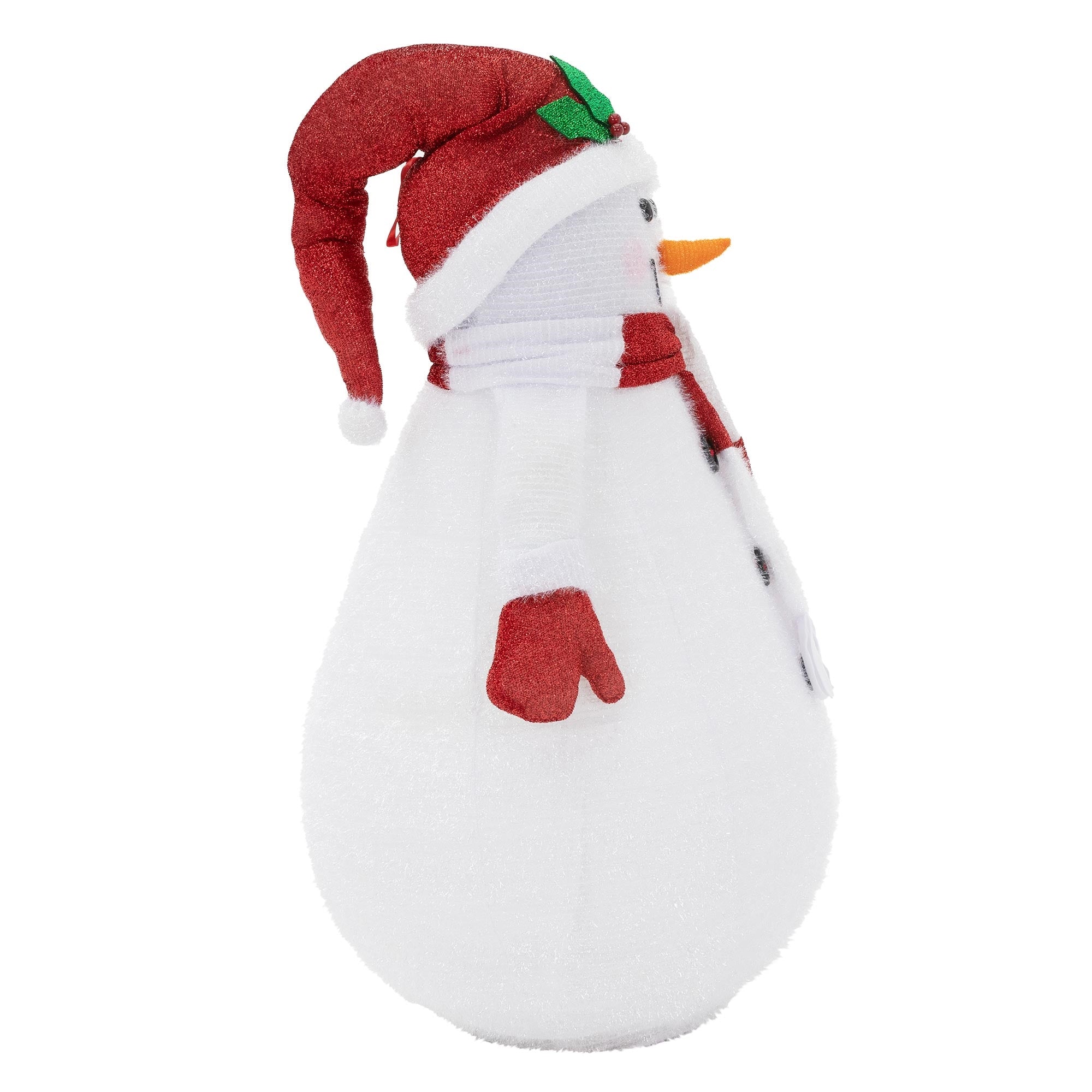 Seitenansicht eines Schneemanns mit rotem Hut und Schal.