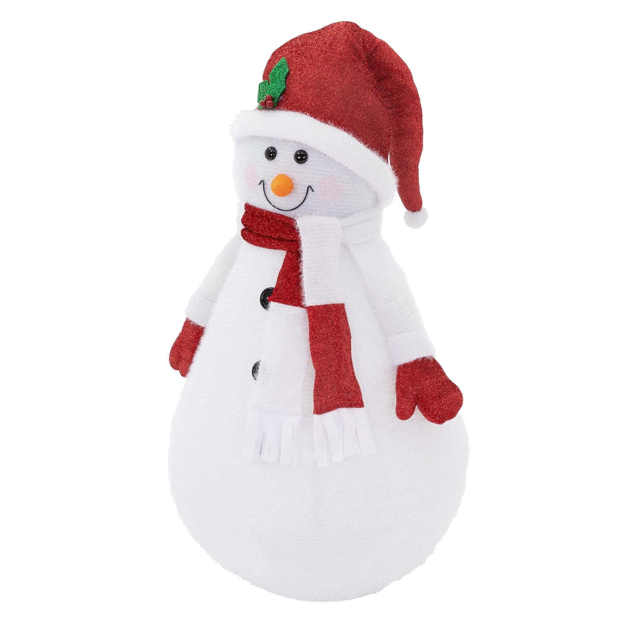 Weihnachtsmann-Dekoration in Form eines Schneemanns mit rotem Hut und Schal.