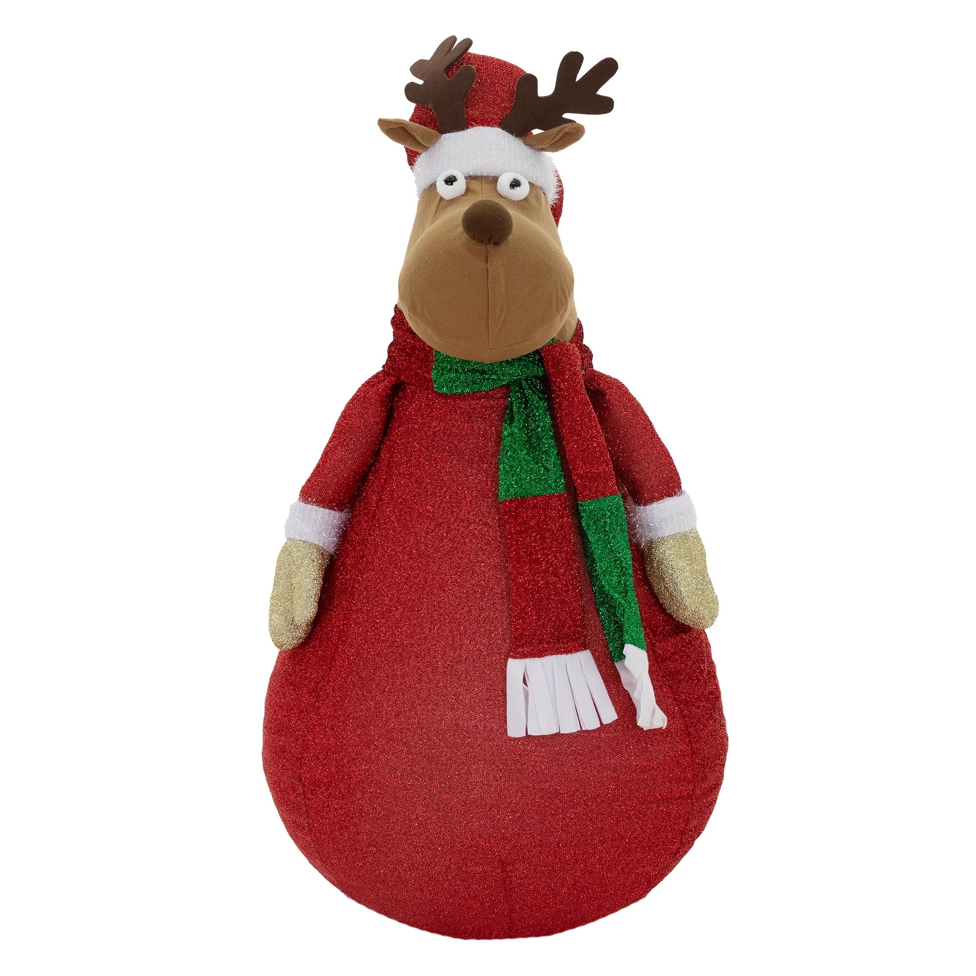Plüschrentier in Weihnachtsmannkostüm auf weißem Hintergrund.