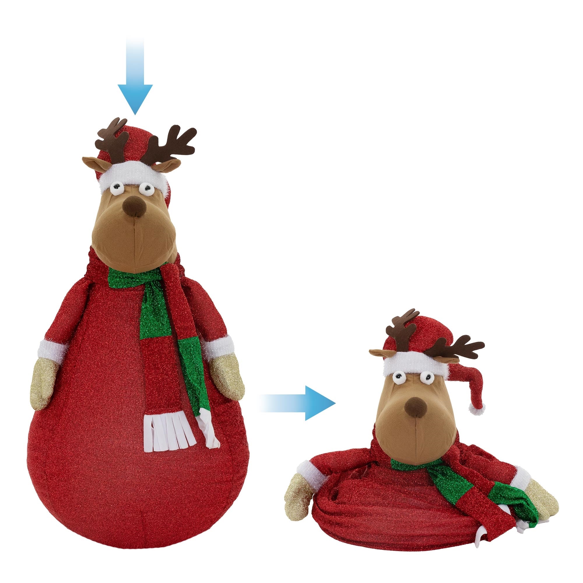 Plüschrentier in rotem Outfit mit Weihnachtsmütze und Schal, in zwei Größen abgebildet.