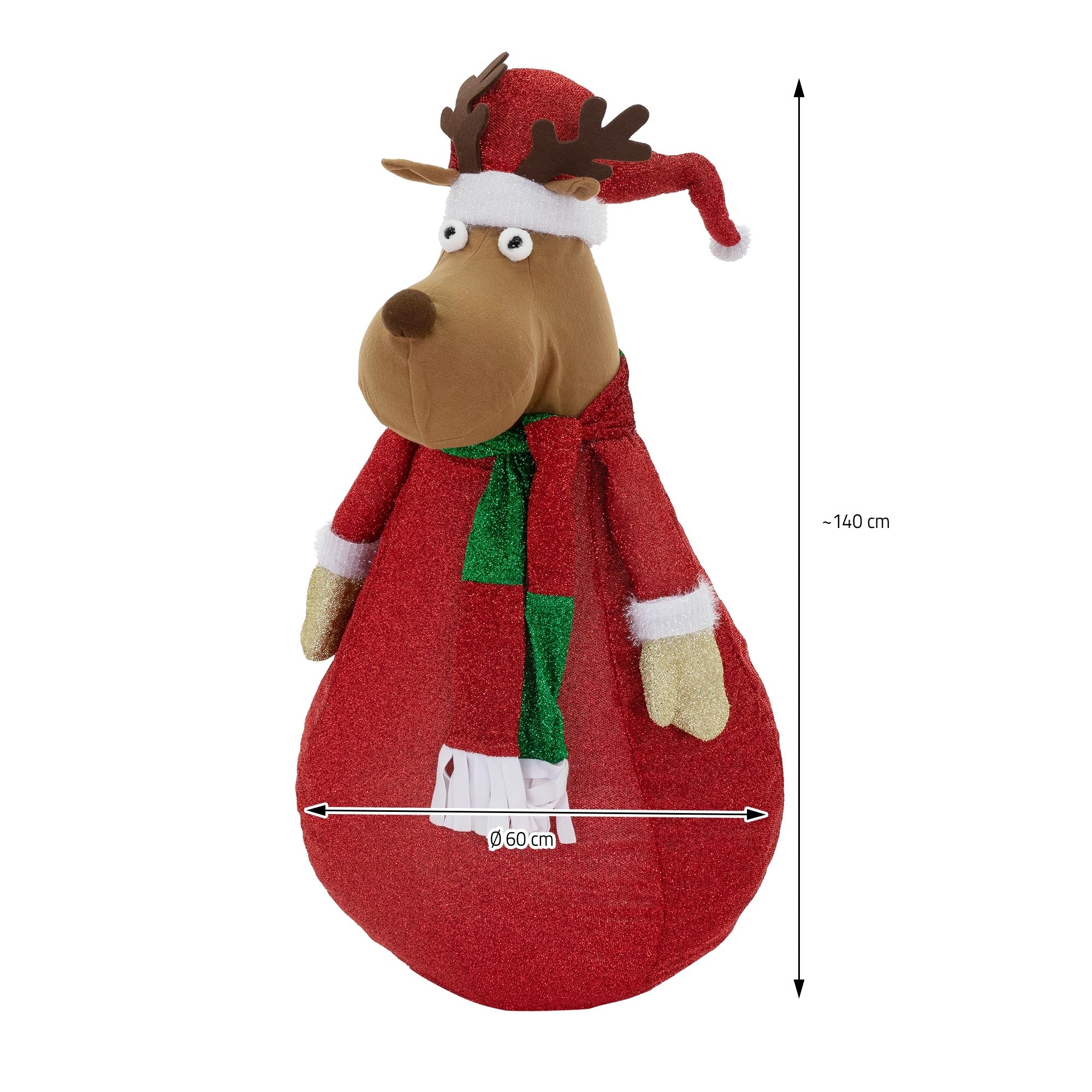 Plüschrentier in rotem Weihnachtskostüm mit grüner Schleife, 140 cm hoch.