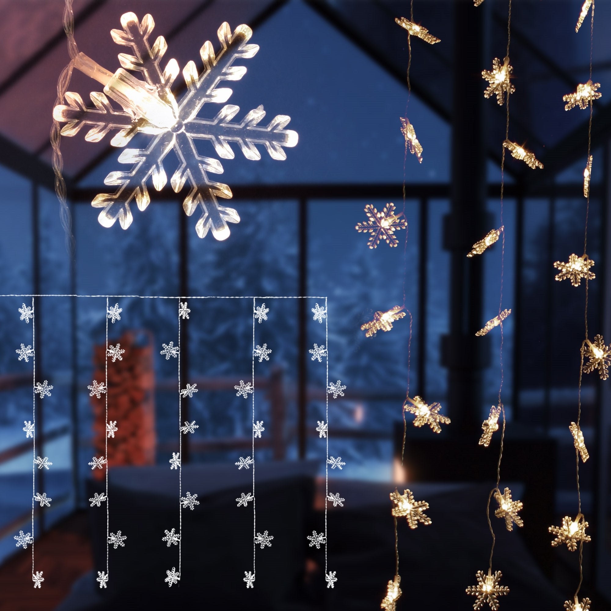 Luci decorative a forma di fiocco di neve in una stanza invernale.
