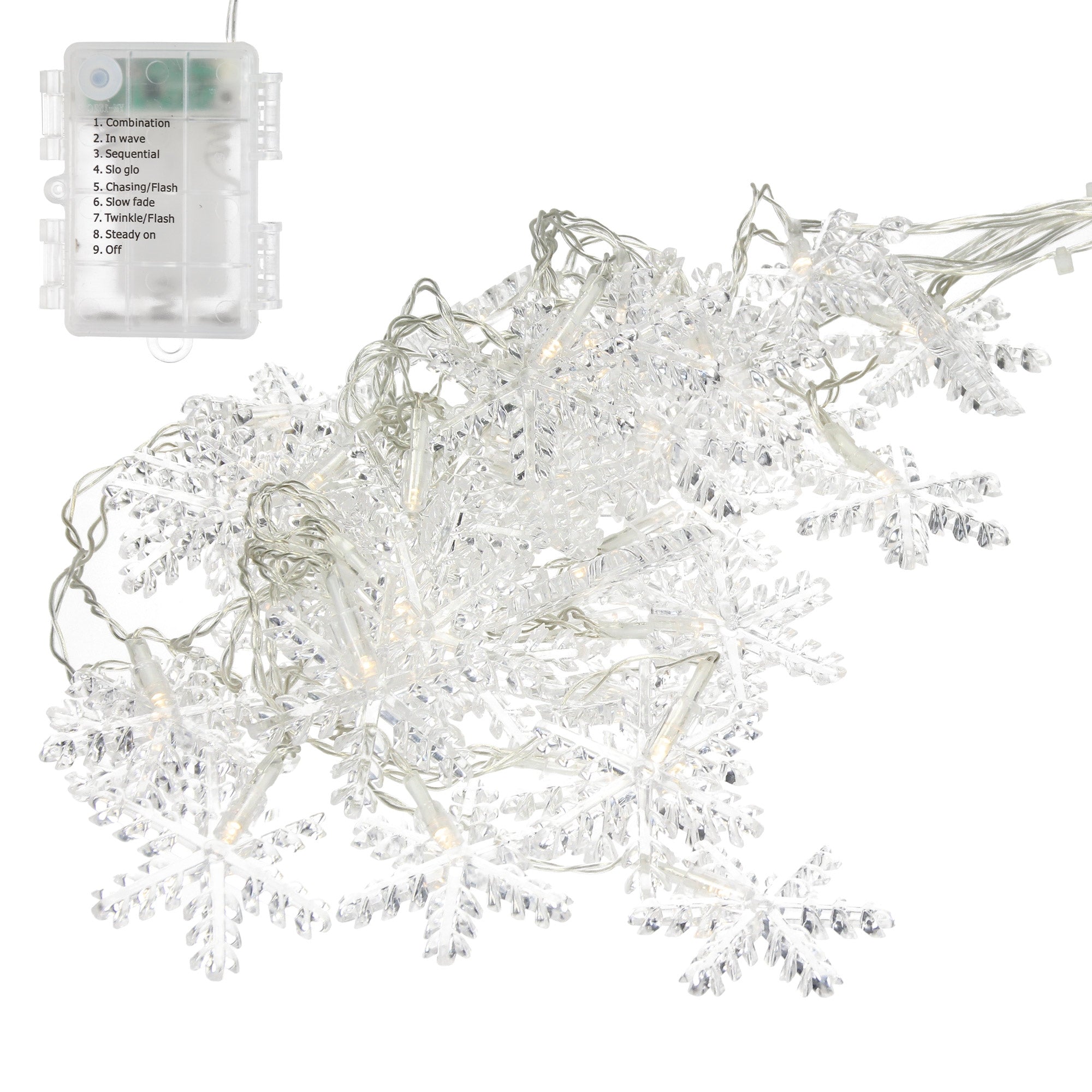 Catena luminosa con luci a forma di fiocco di neve e unità di controllo.