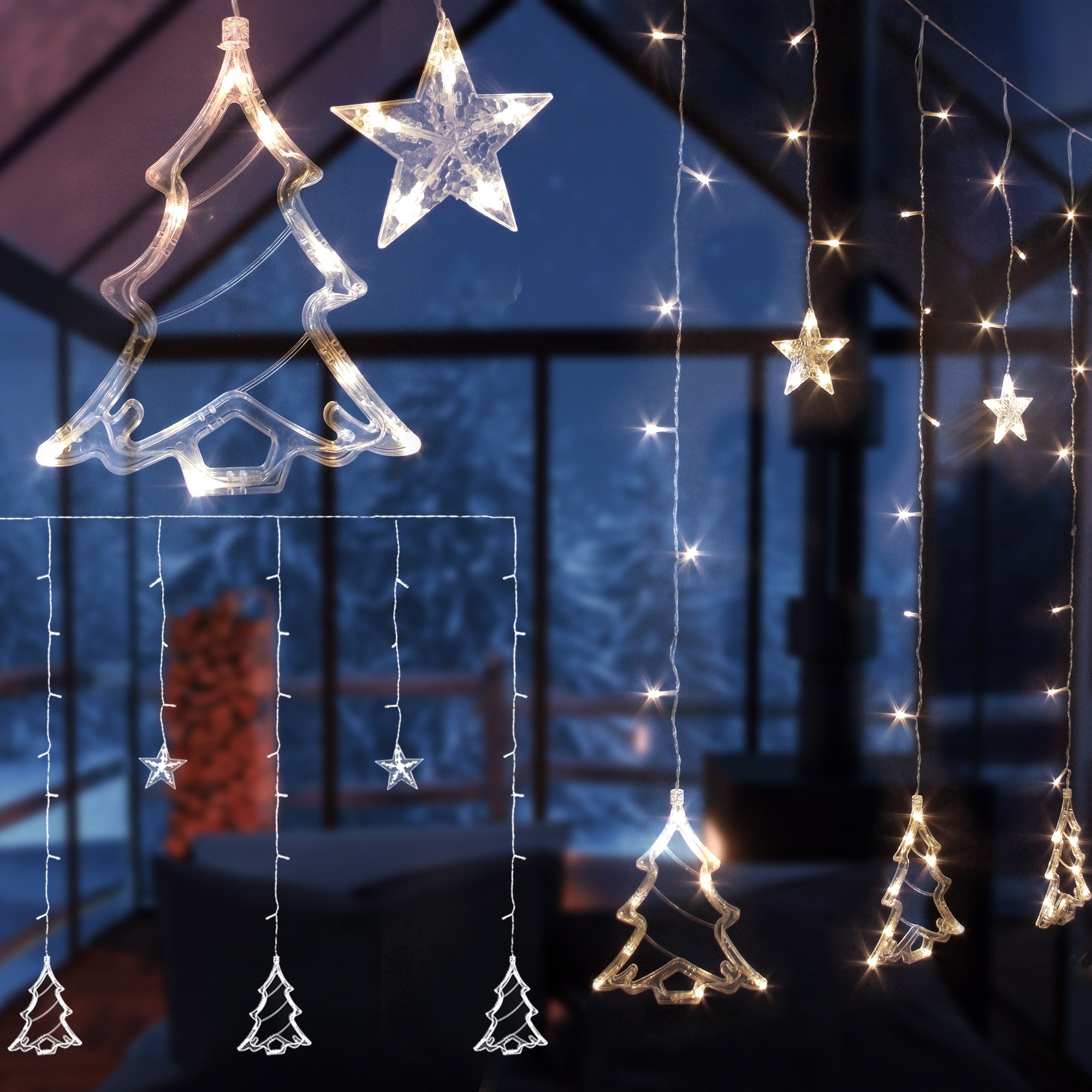 Lichtjesketting met kerstboom- en stermotieven in een ruimte.
