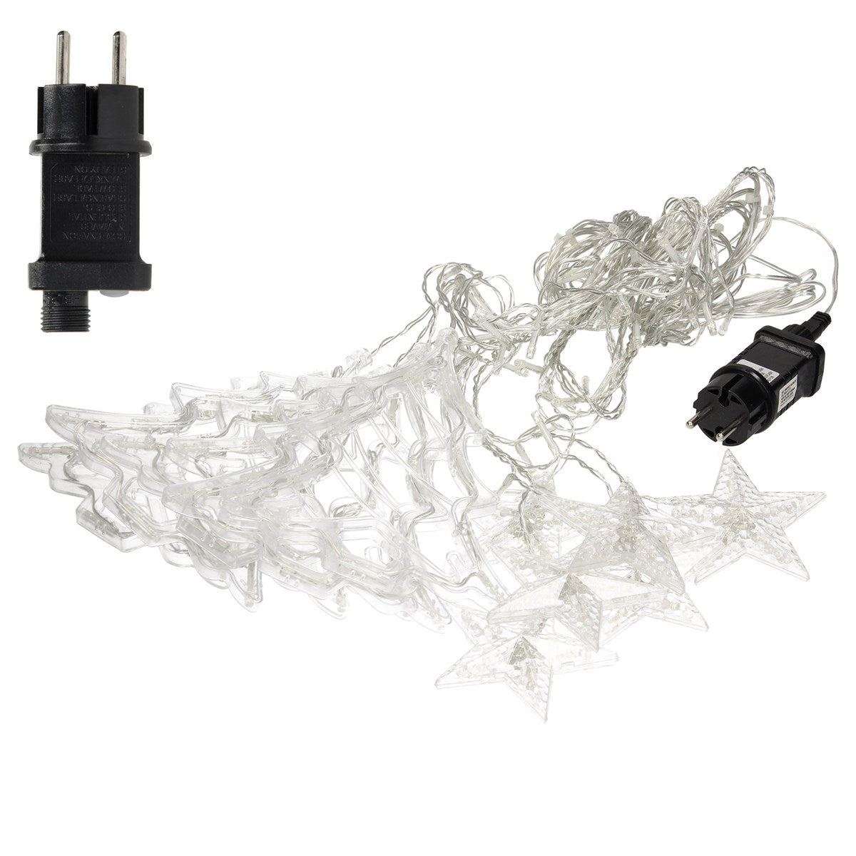 Lichterkette mit transparenten Sternen und Stecker.