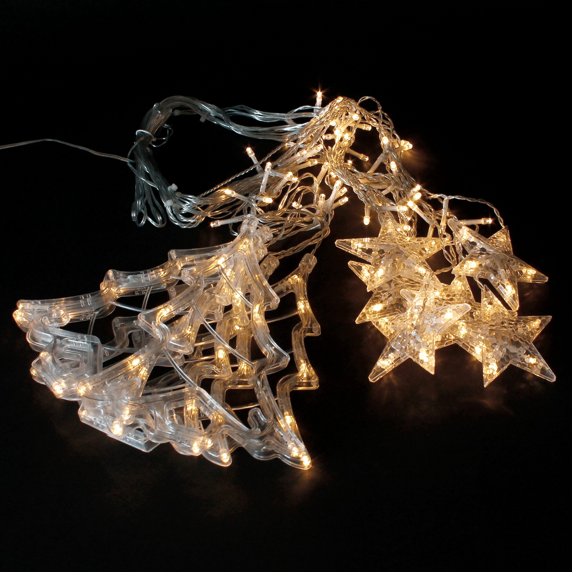 Transparante lichtjesketting met gloeiende sterren en bomen.