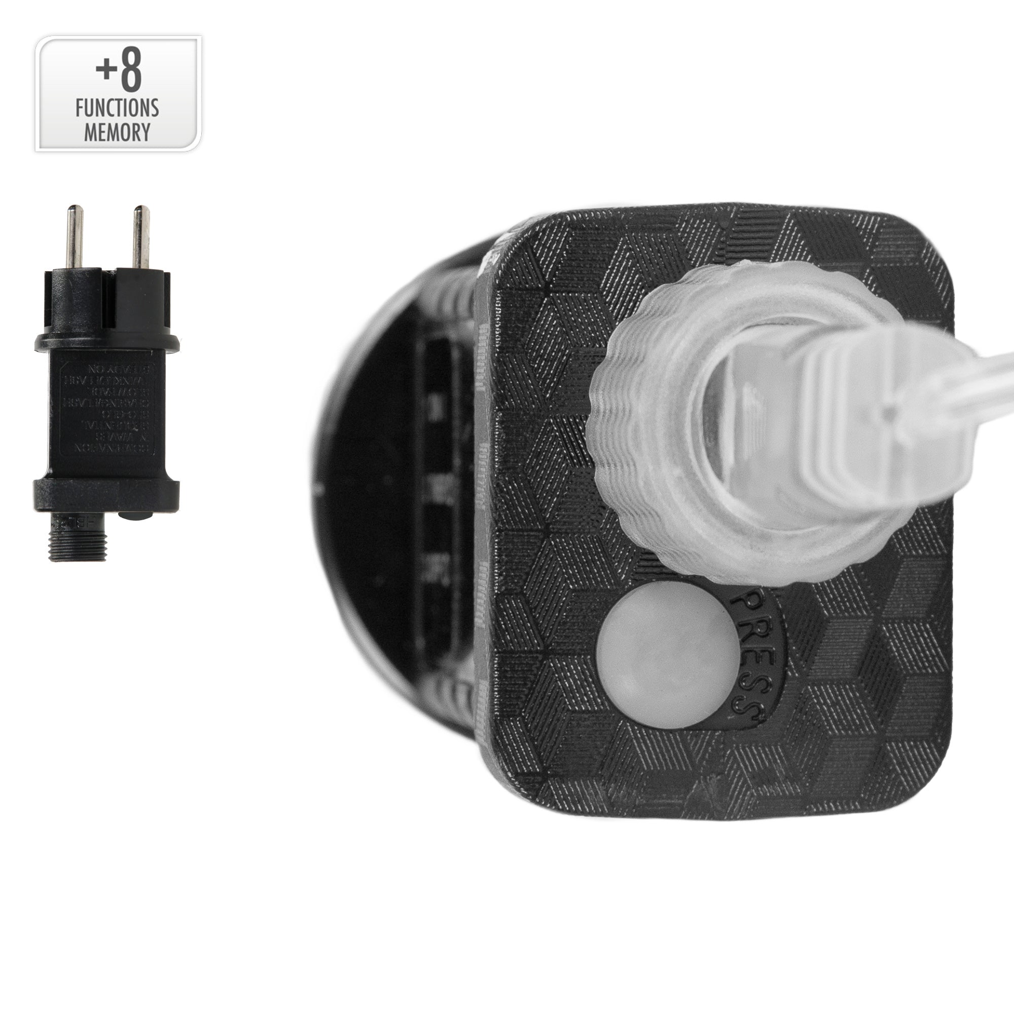 Zwarte stekker met knop en kabel op een witte achtergrond.