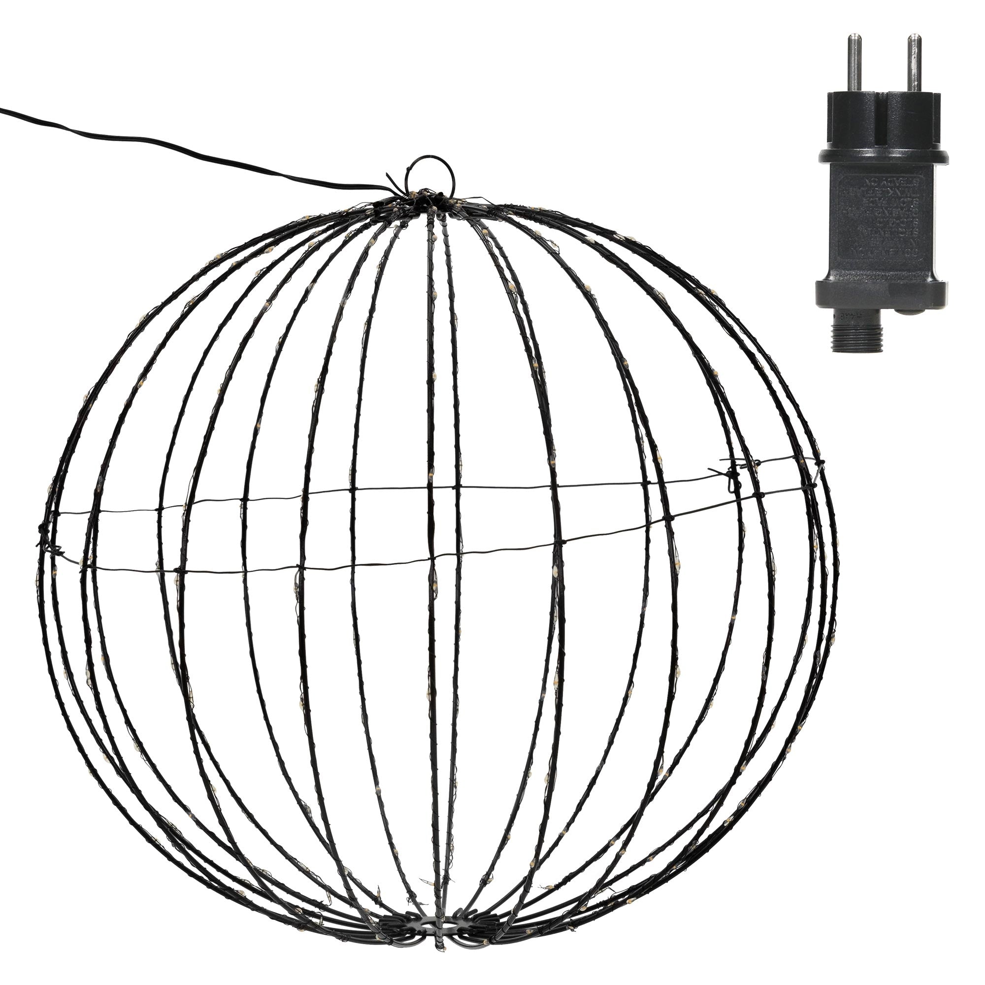 Drahtgestell in Kugelform mit Kabel und Stecker.
