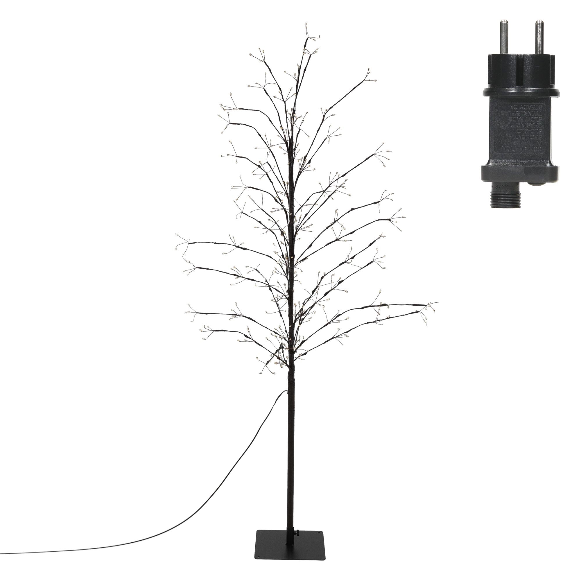 Dünner Drahtbaum mit Lichtern und Stecker.