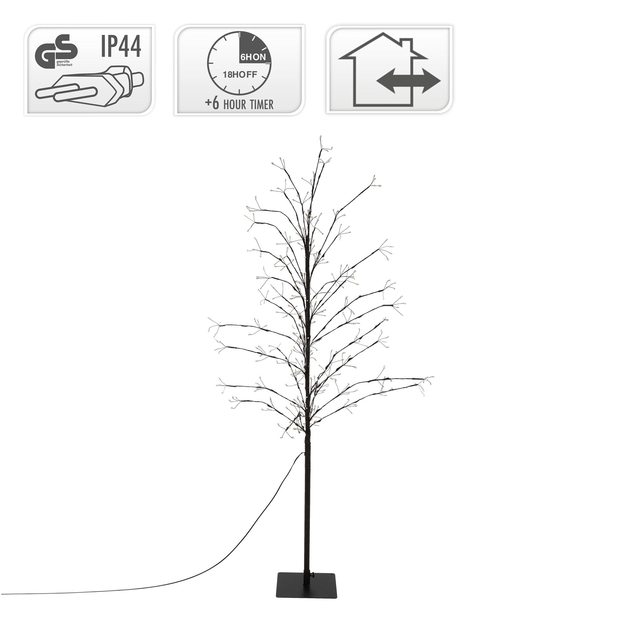 Dünner, beleuchteter Baum mit Ästen und einer stabilen Basis.