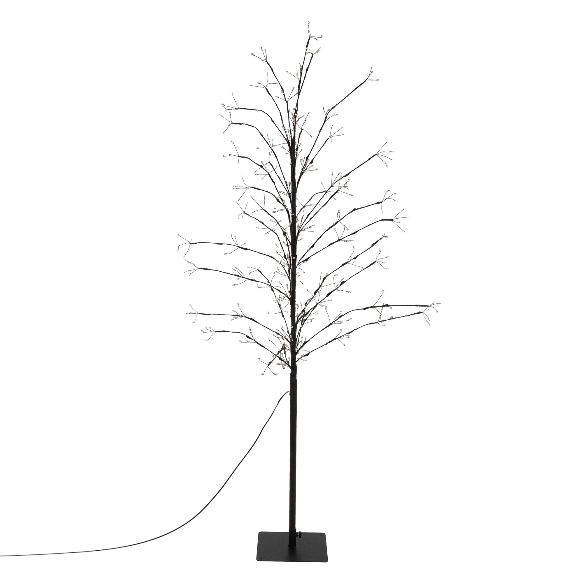 Dünner, verzweigter Baum aus Draht mit Lichtern.