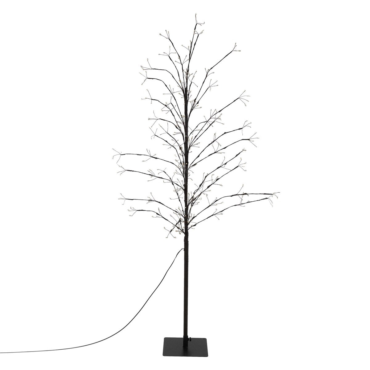 Dünner, verzweigter Baum aus Draht mit Lichtern.