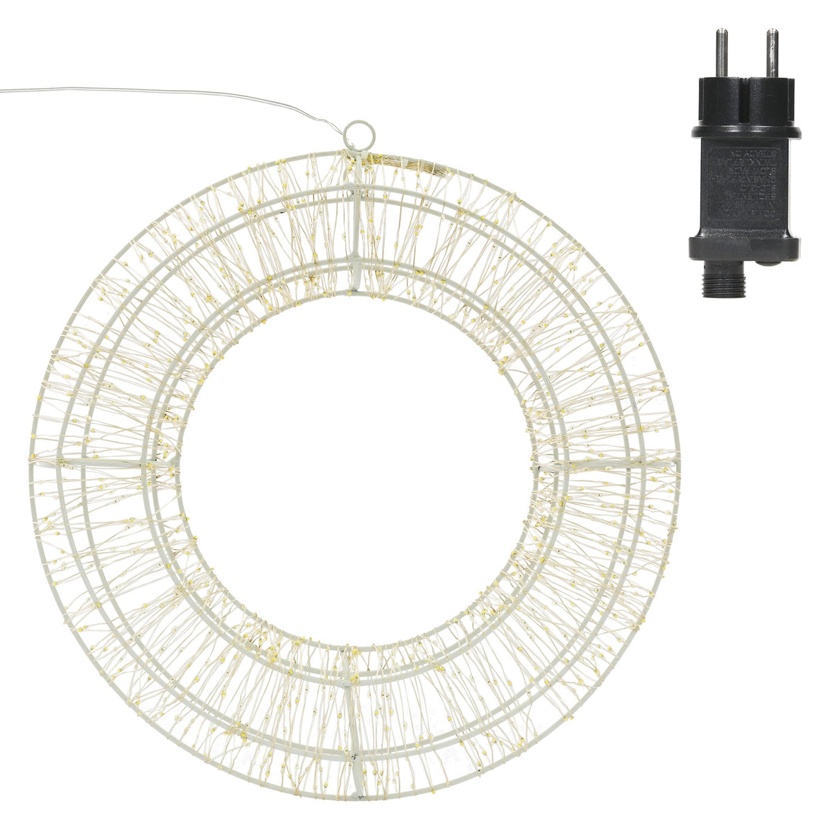 Runder Lichtkranz mit Stecker, umgeben von dekorativen Elementen.