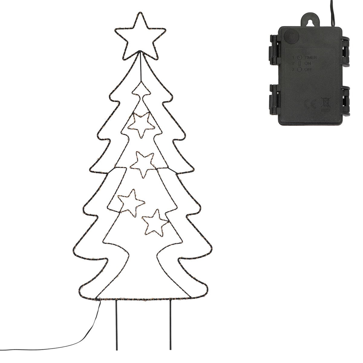 Ein schwarzer Weihnachtsbaum aus Draht mit Sternen und einer Batterieeinheit.