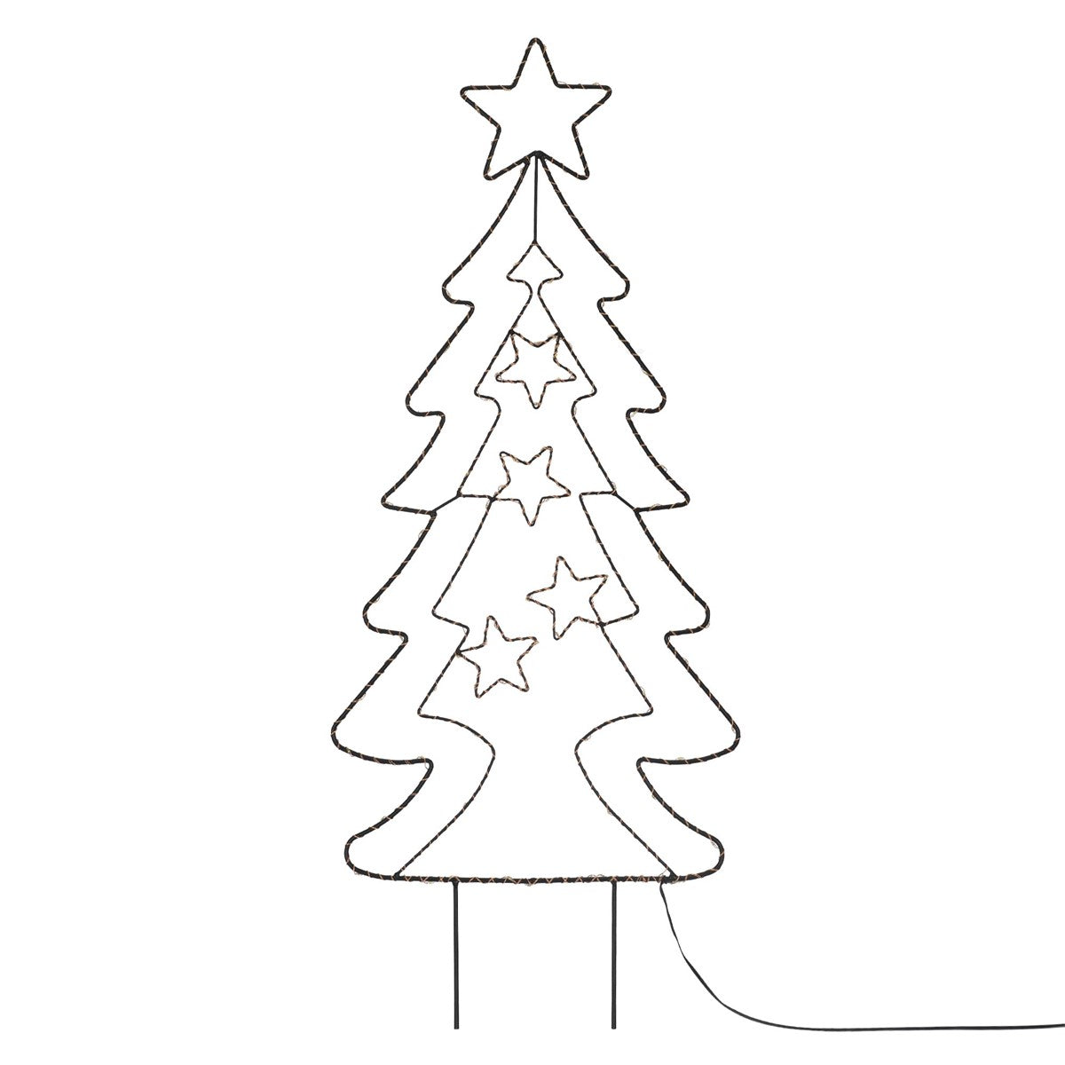 Weihnachtsbaum aus Draht mit Sternen und einer Spitze.
