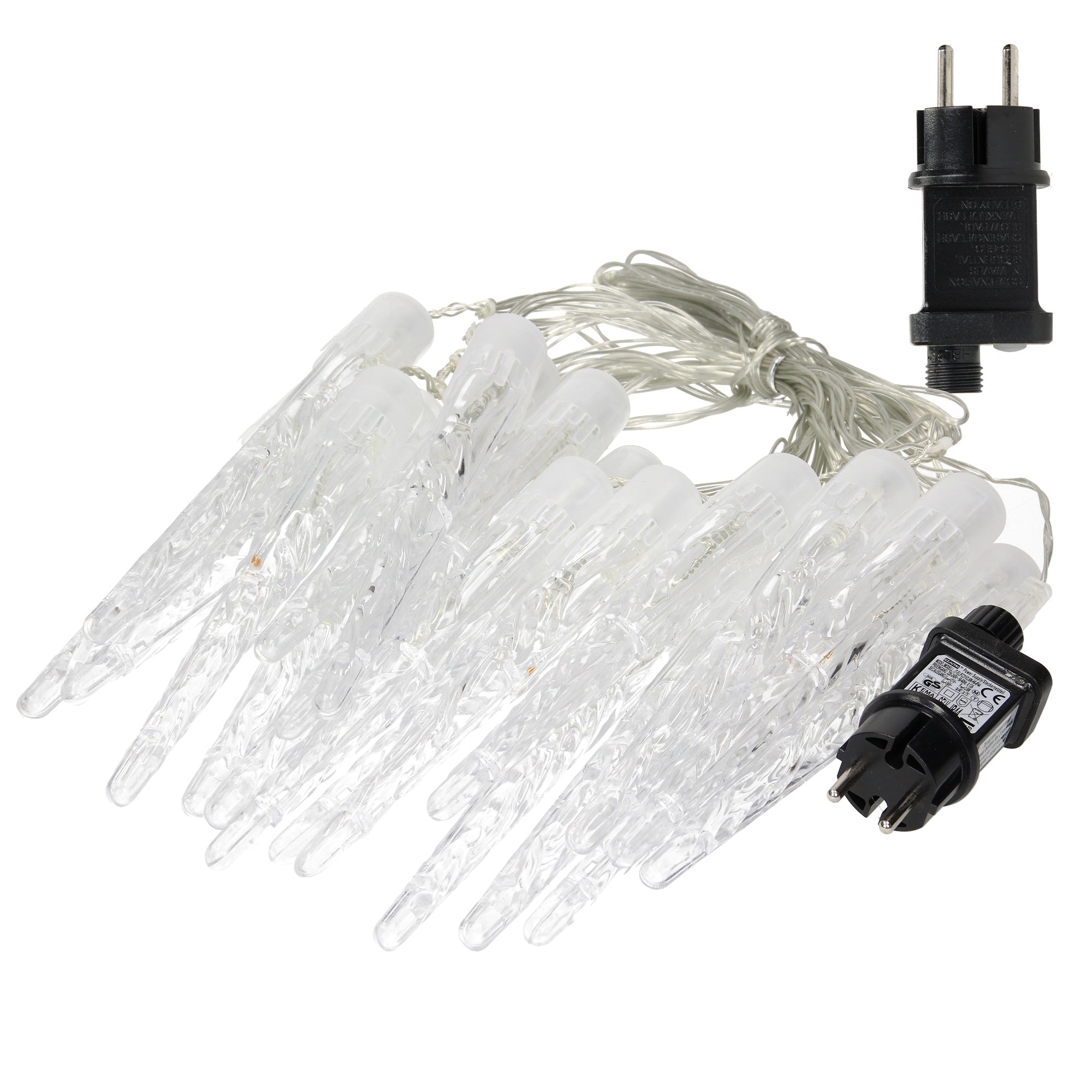 Lichterkette mit mehreren spitzen Lichtern und Stecker.