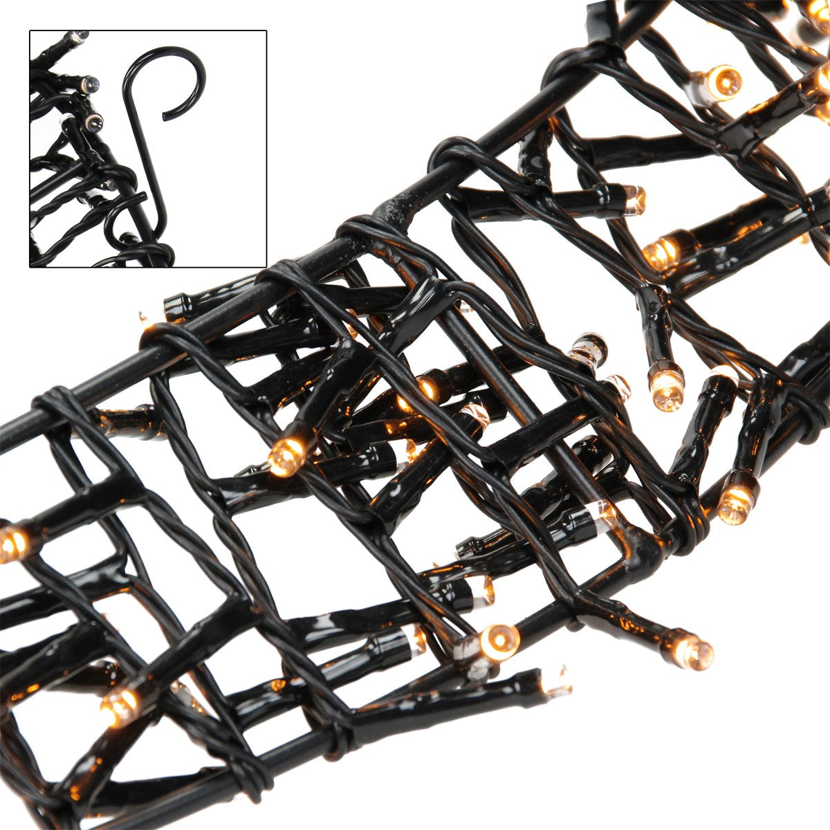 Schwarzes Lichterkabel mit kleinen, leuchtenden Lampen und einem Haken.