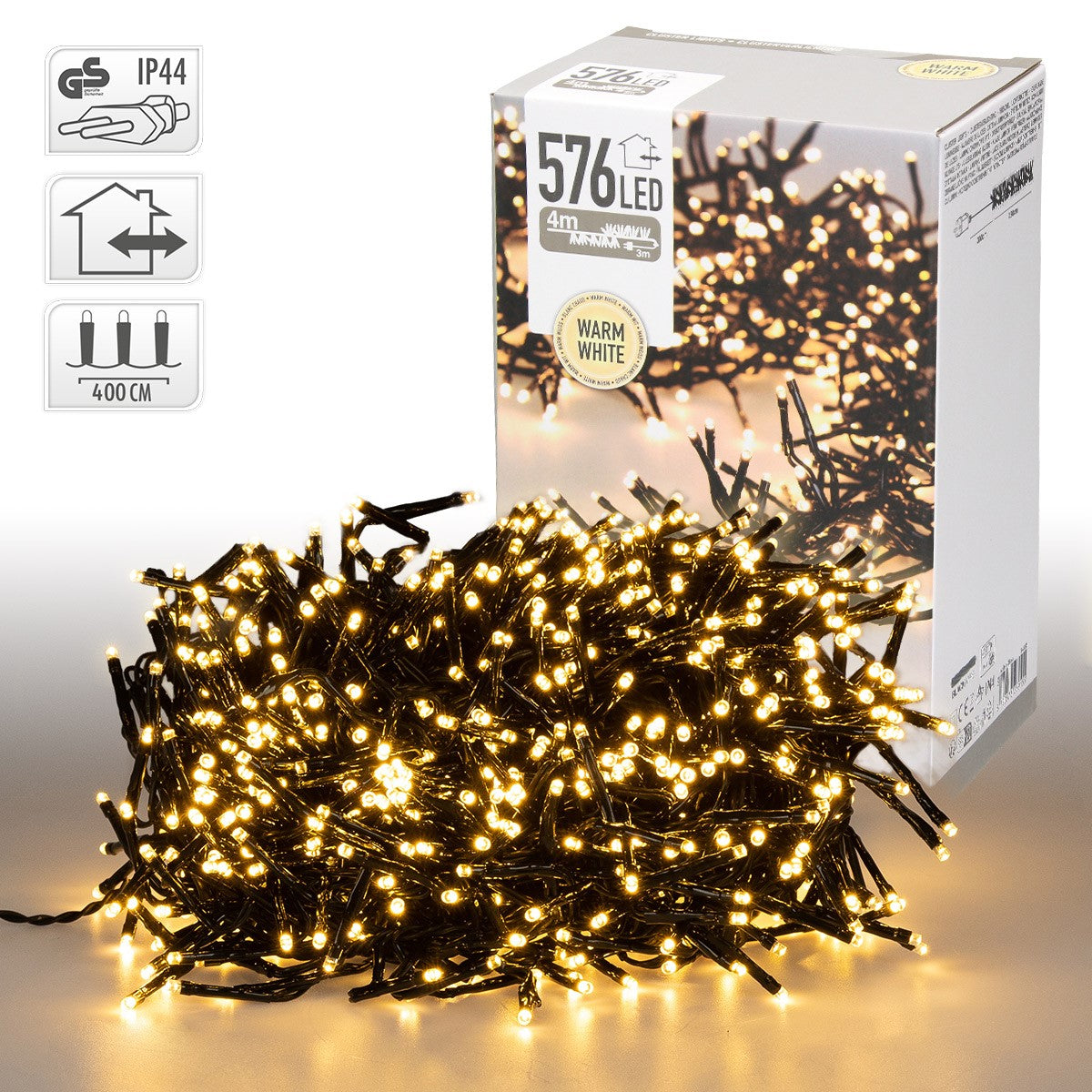 Lichterkette mit 576 warmweißen LEDs, verpackt in einer Box.