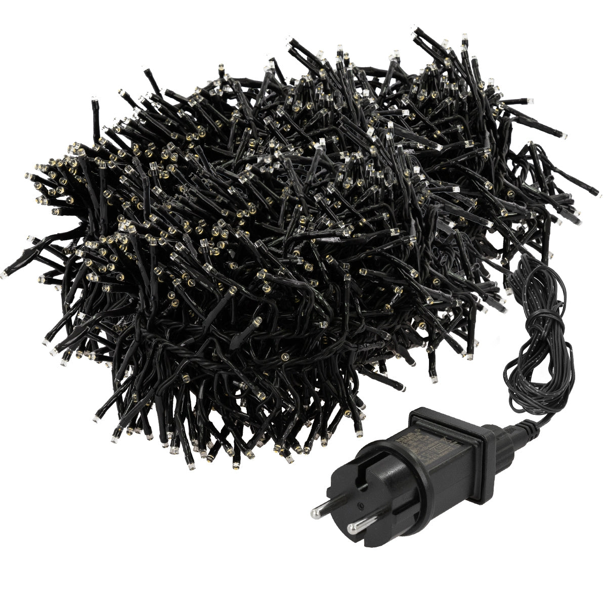 Unordentlich liegende schwarze Lichterkette mit Stecker.