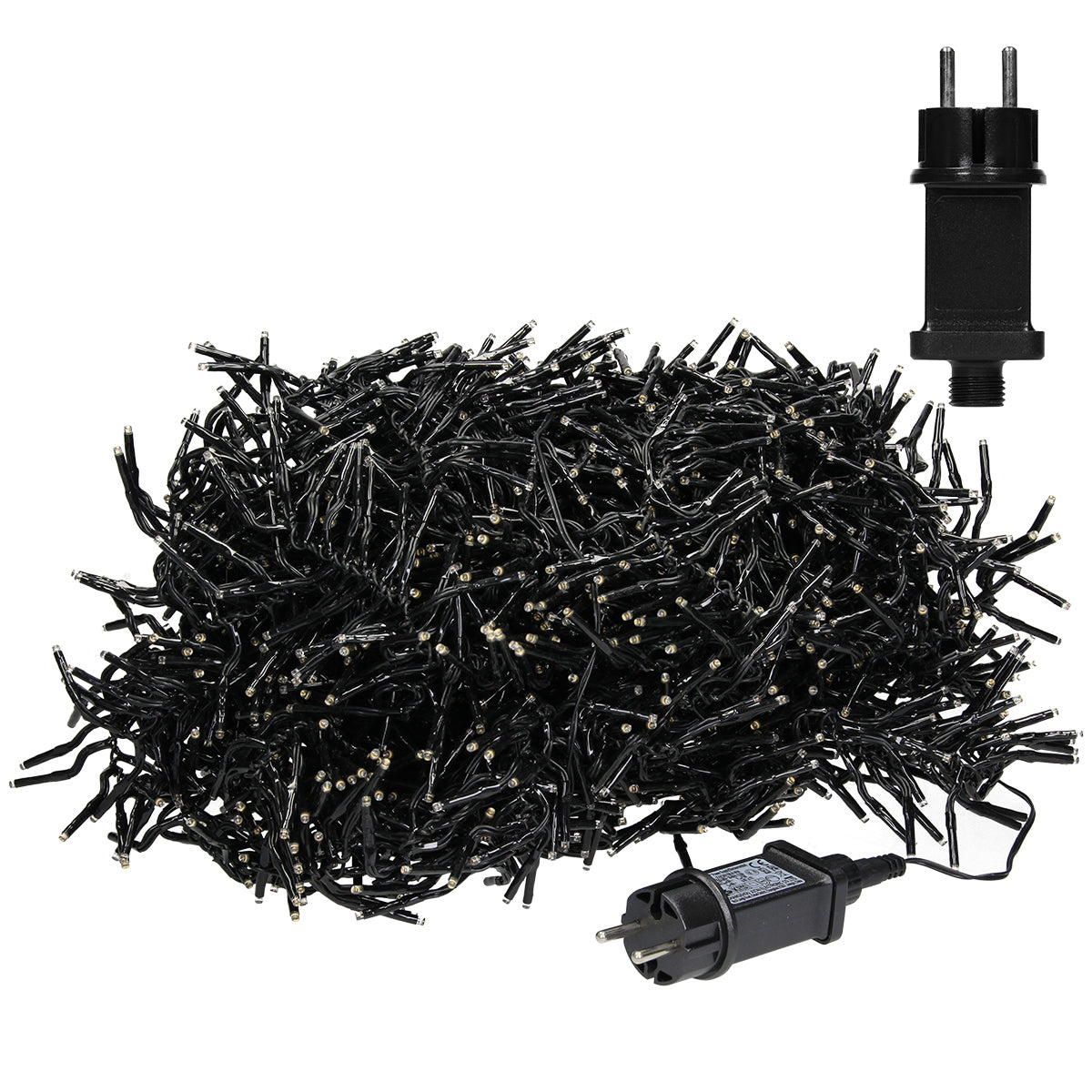 A cable with a plug leading to a pile of LED lights.