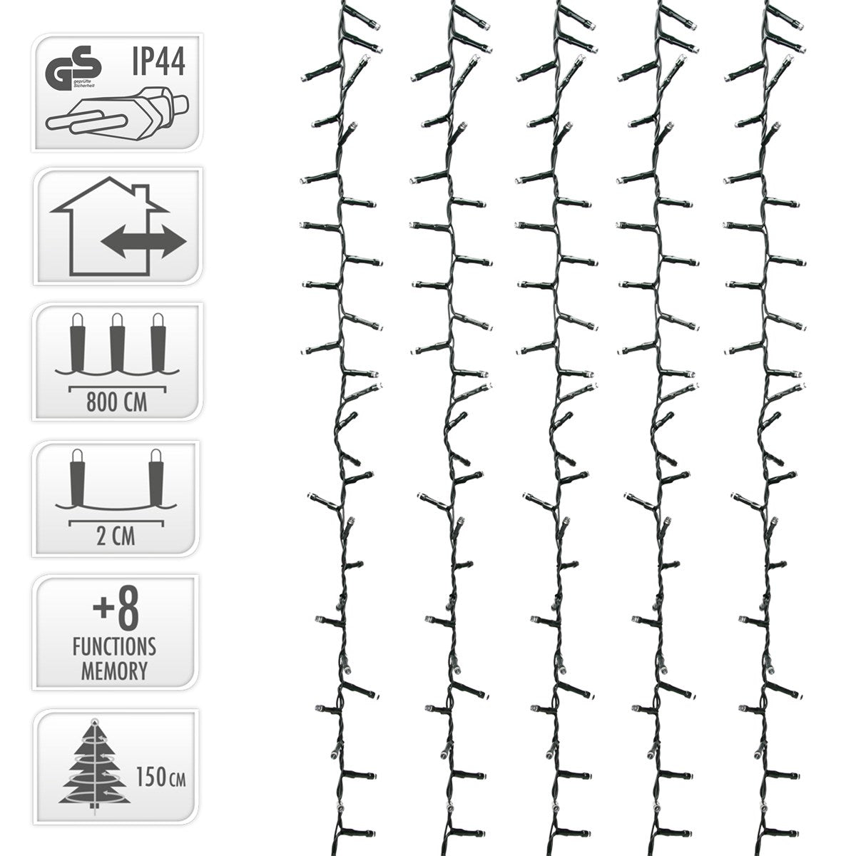 Detailansicht der LED-Lichterkette mit technischen Informationen.