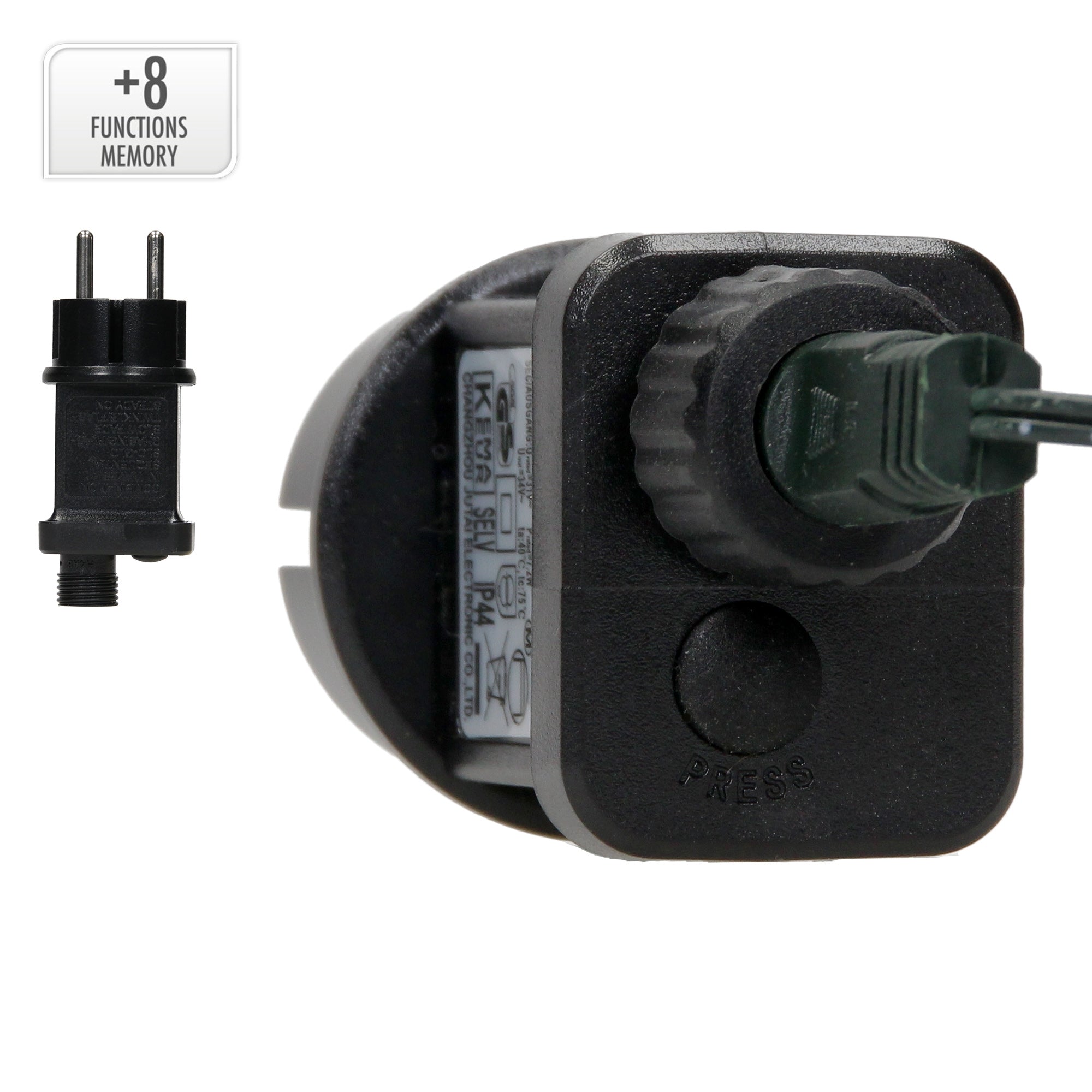 Stekker met functies en adapter op de afbeelding.
