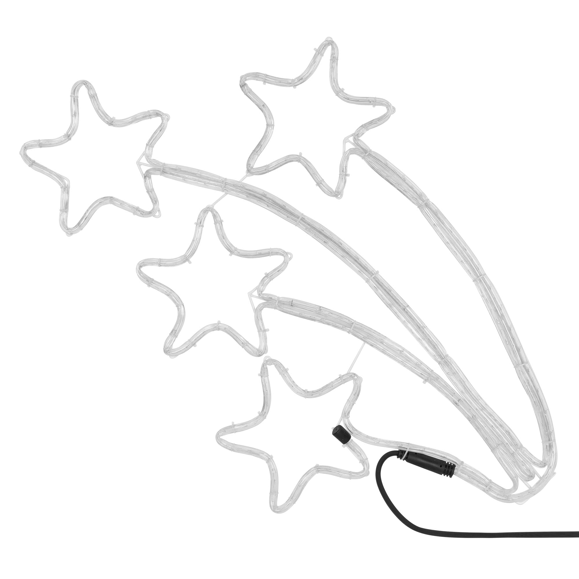Transparente Lichterkette in Sternenform auf weißem Hintergrund.