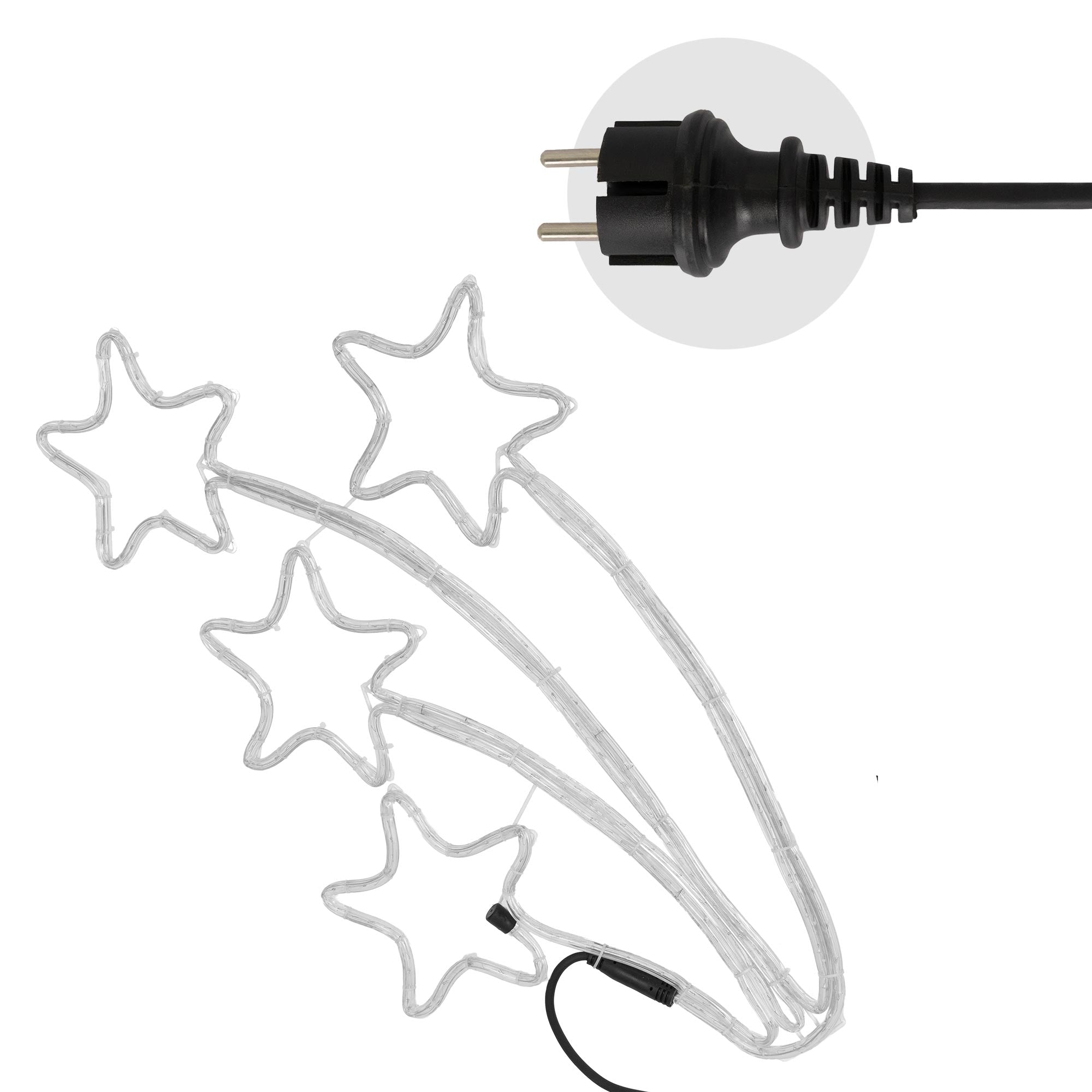 Lichtdekoration mit Stecker, bestehend aus drei leuchtenden Sternen.