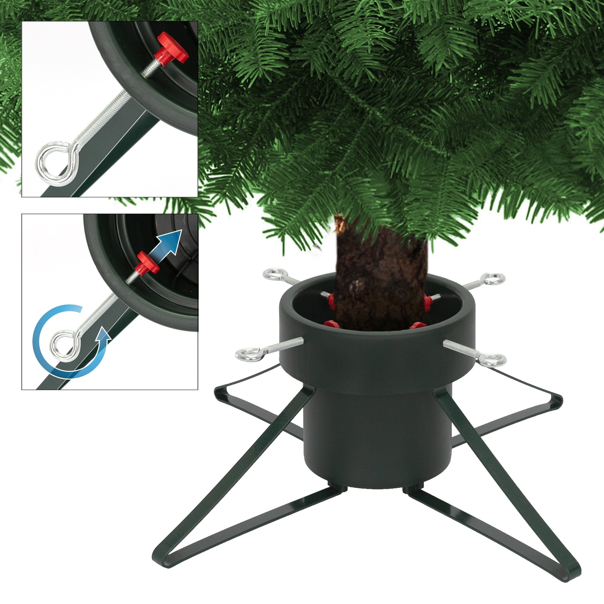 Baumständer für Weihnachtsbaum mit Schrauben und Halterungen.