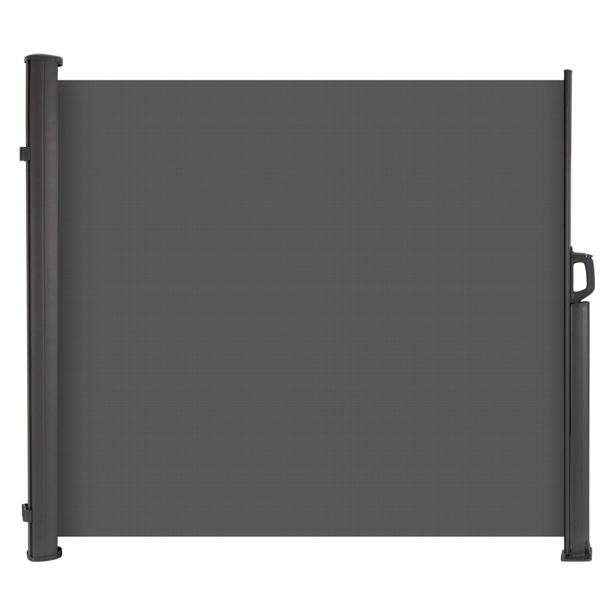 Graue Sichtschutzwand von der Seite, mit Halterungen und Griff.