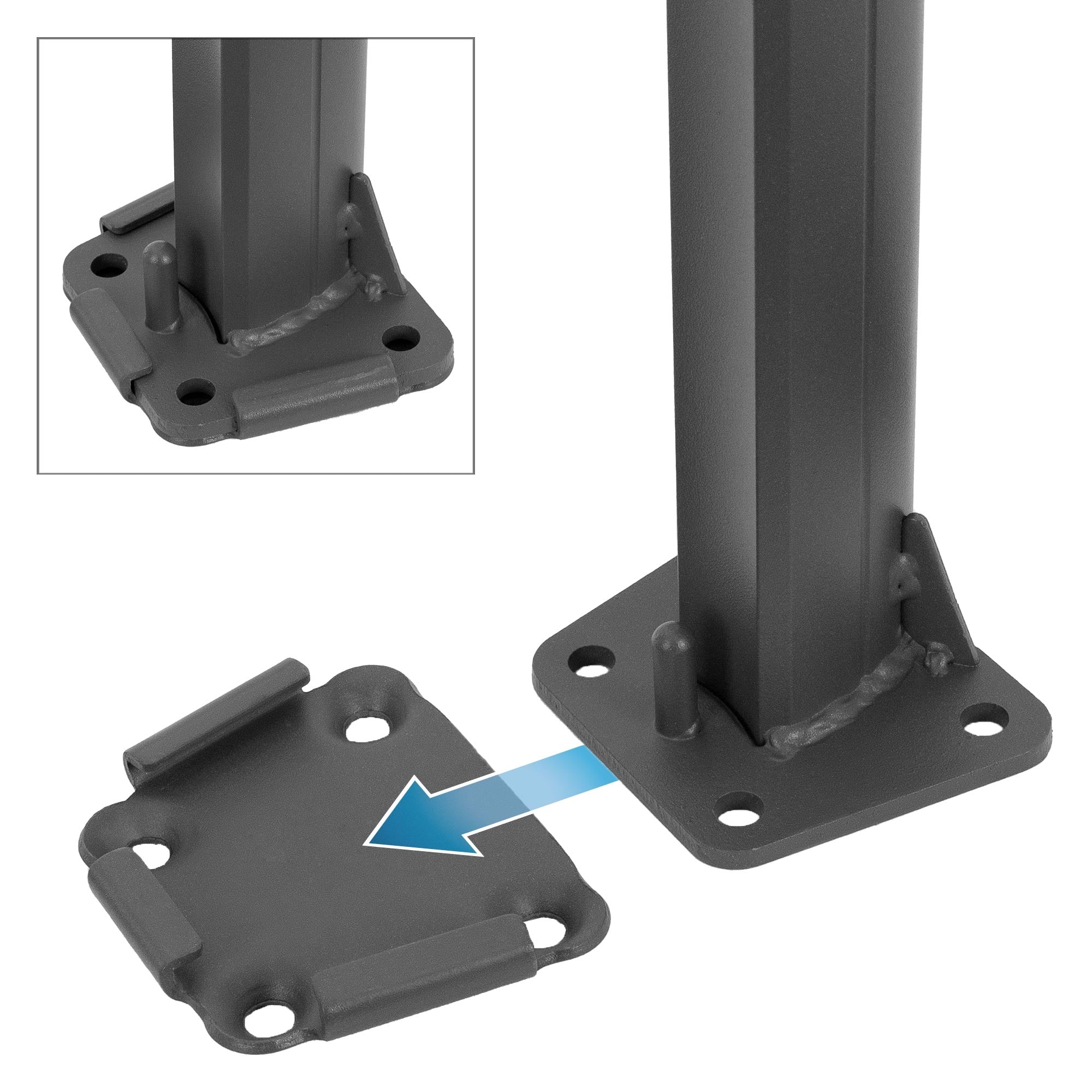 Detailaufnahme einer Halterung mit Schrauben und einer Pfeilmarkierung.